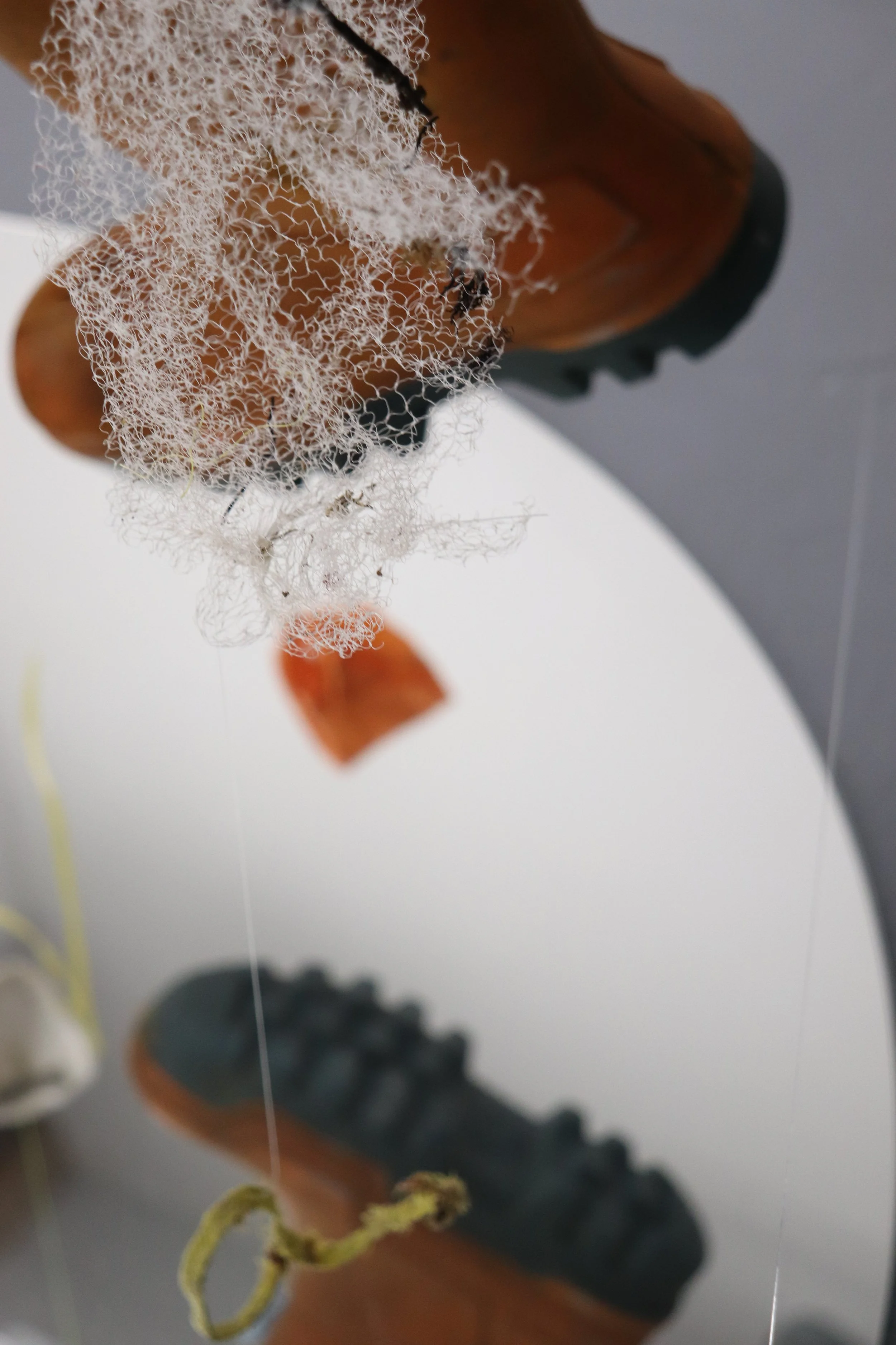 Some sea  floating, but moored, 2021.
Found sea trash, found plastics, fishing net, fishing line, a mirror, and a stone
