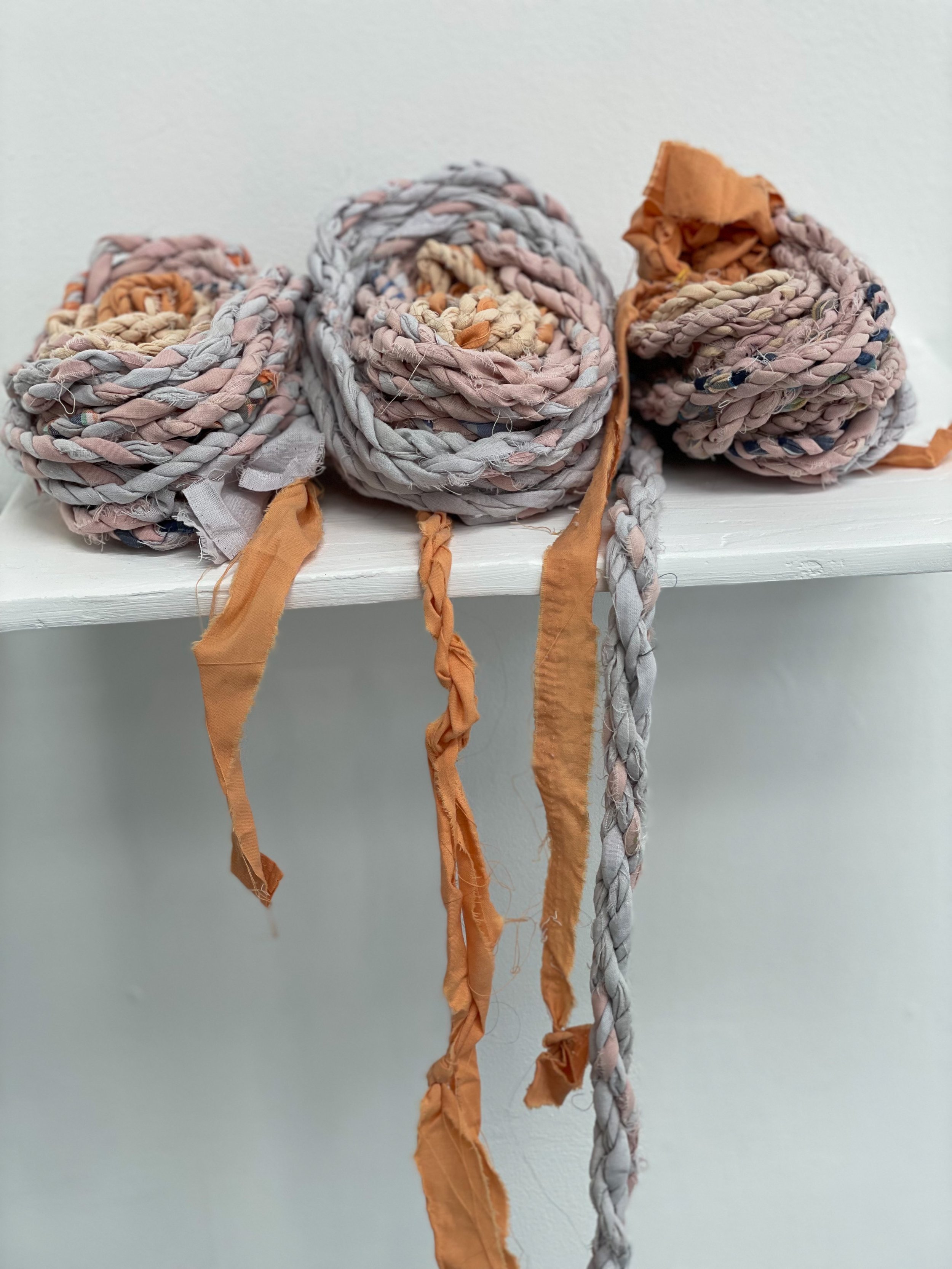 Jacob's Ladder, 2020, 3 ropes each approx. 6.15 m. in length, up-cycled fabrics and pieces of my deceased grandfather's shirts 