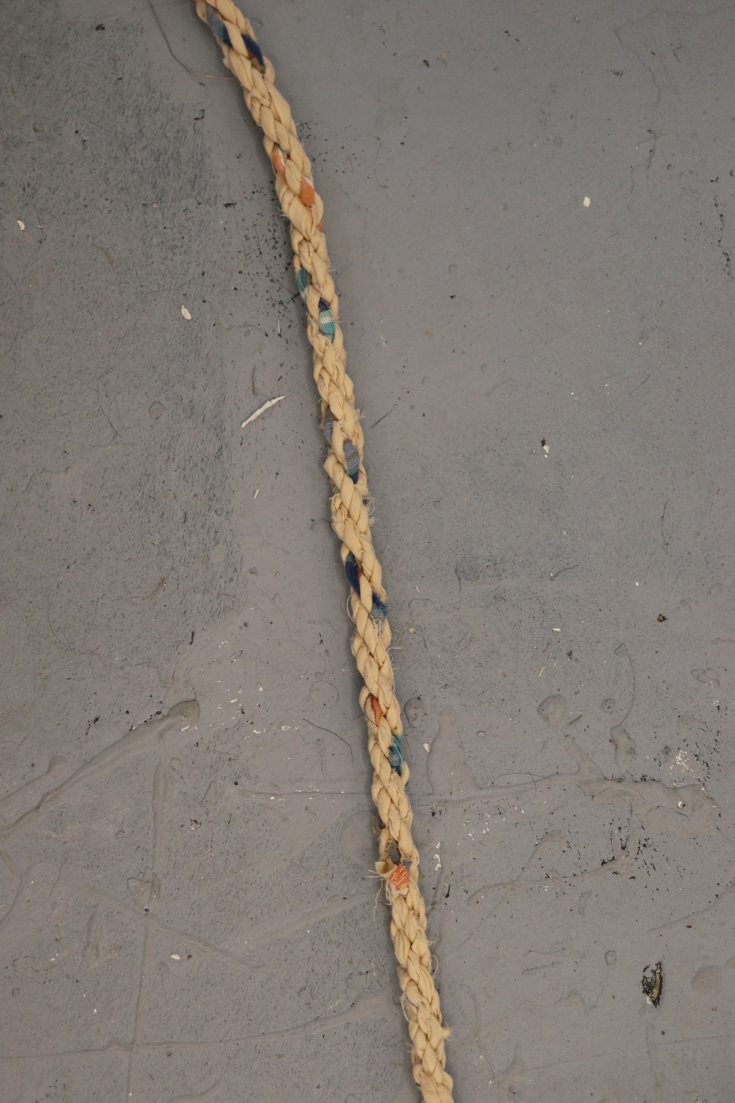 Jacob's Ladder, 2020, 3 ropes each approx. 6.15 m. in length, up-cycled fabrics and pieces of my deceased grandfather's shirts 