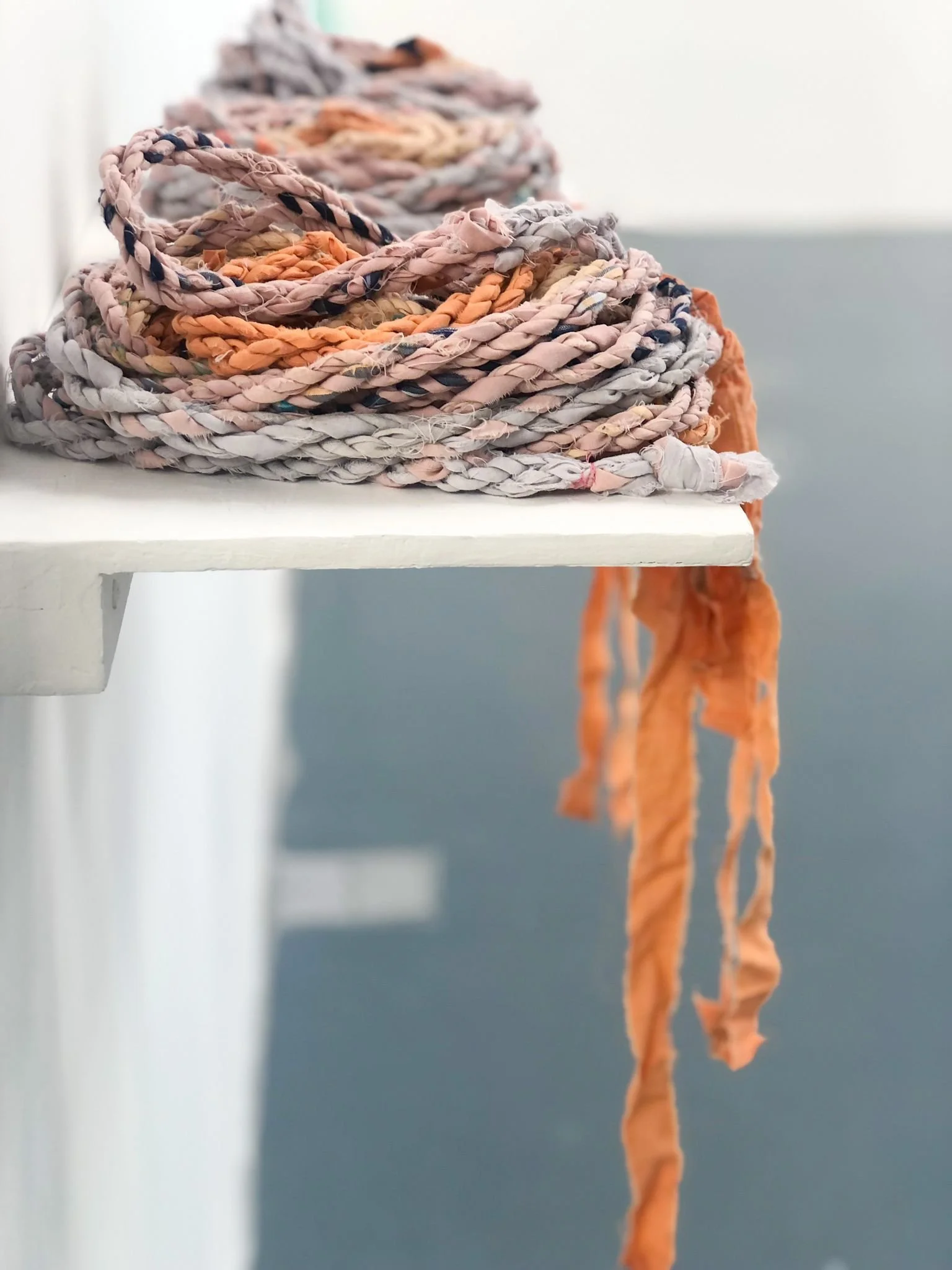 Jacob's Ladder, 2020, 3 ropes each approx. 6.15 m. in length, up-cycled fabrics and pieces of my deceased grandfather's shirts 