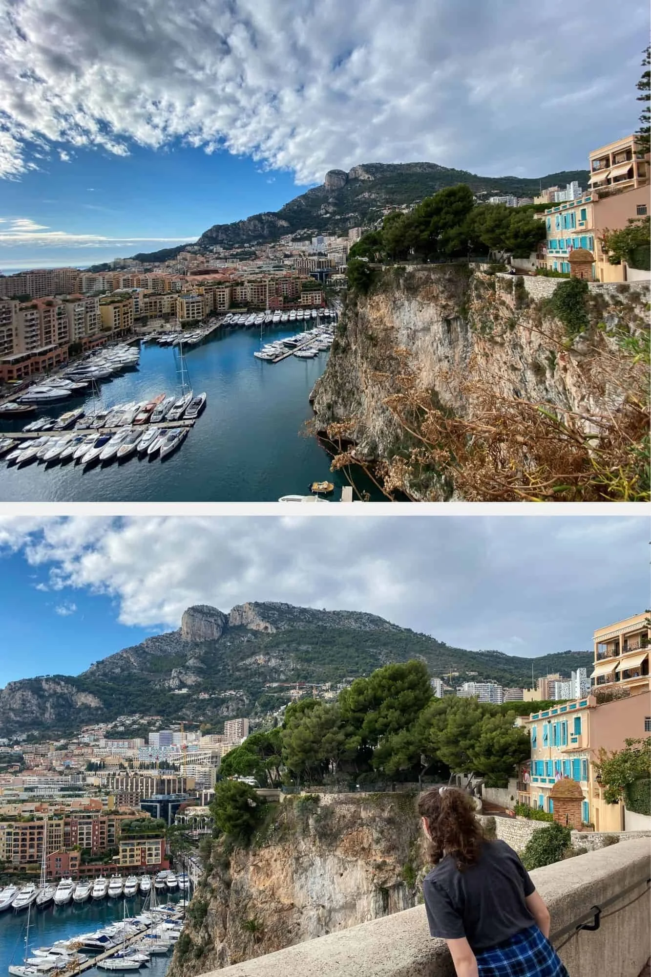 Views of Port de Fontvieille from the cliffs of Monaco-Ville — a quieter harbor filled with yachts backed by dramatic limestone cliffs and Alpine peaks, with a teenage girl taking in the panorama