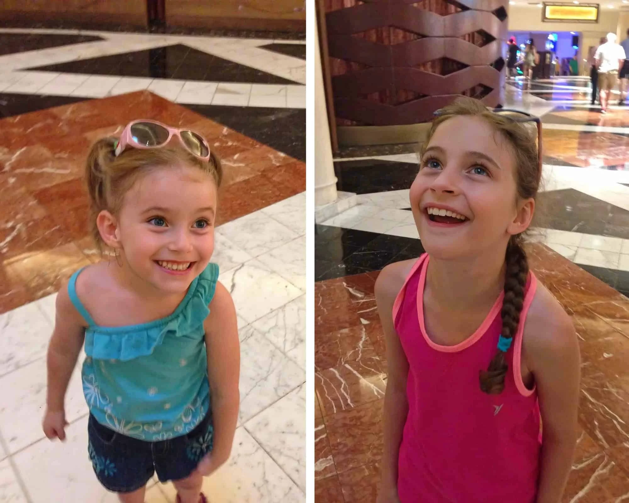 Our kids looking at the replica David statue in Caesars Palace Forum Shops. Free Roman-themed family photo op in Las Vegas