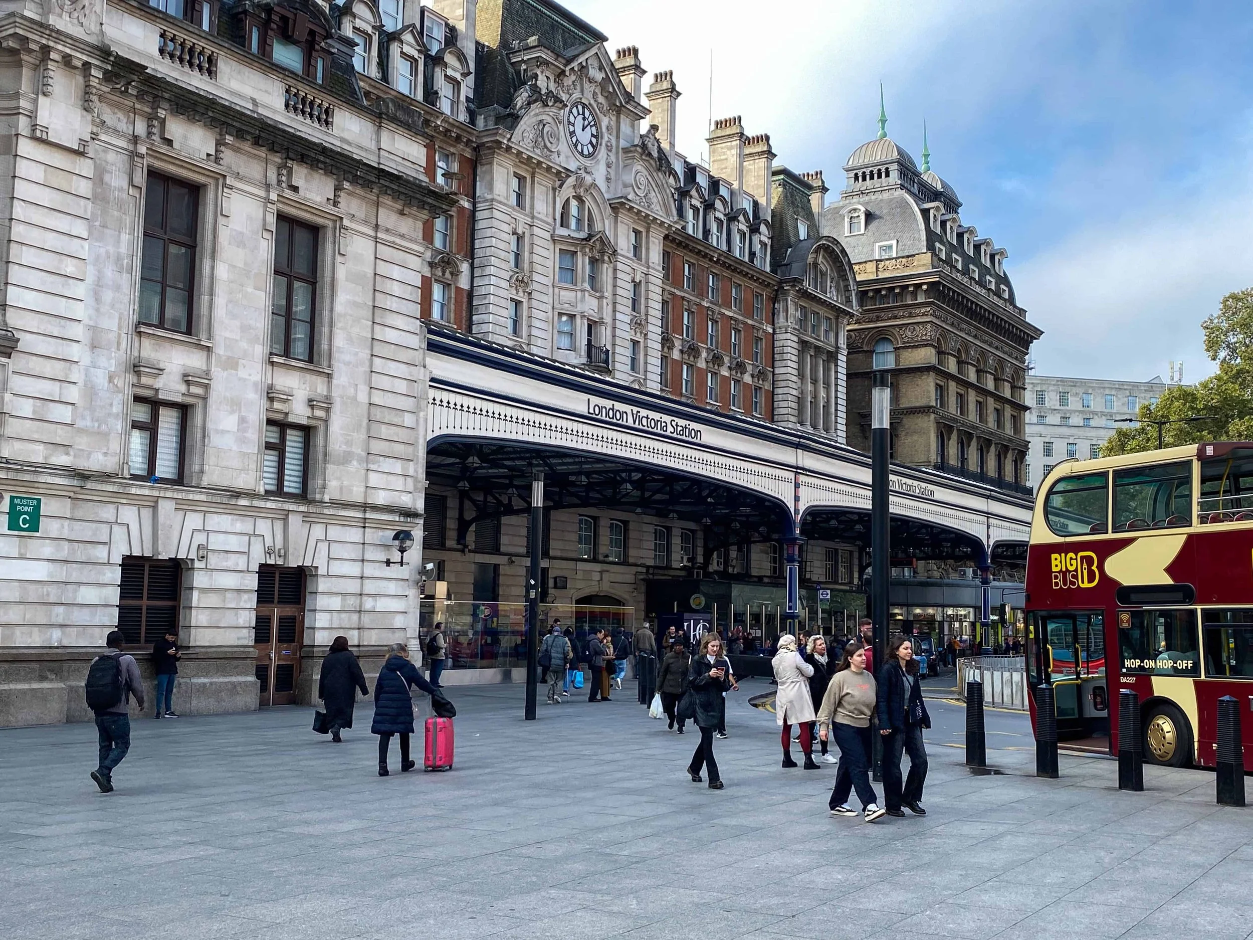 Victoria Station London transport hub - budget transportation tips for families traveling with teenagers and young adults.