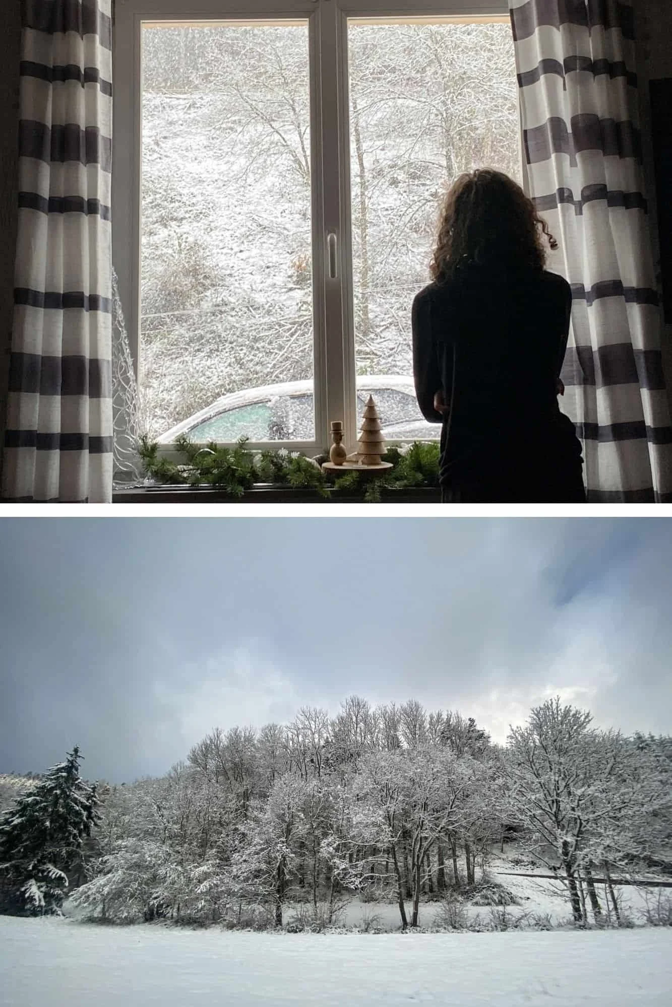 Family member at a window watching snow fall, above a snowy field near a French village Airbnb
