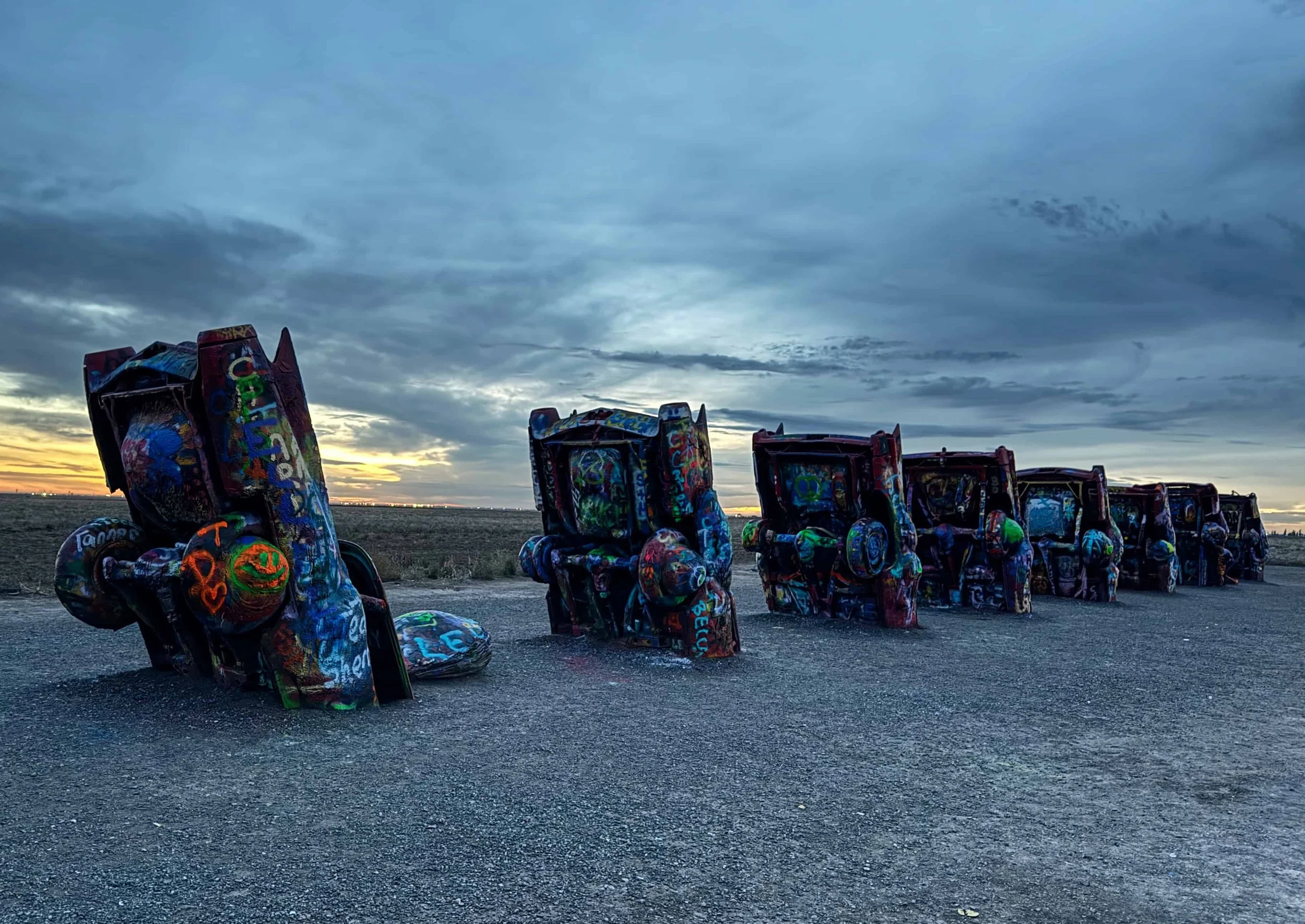 A quick sunset stop at Cadillac Ranch in Amarillo, Texas while on a family road trip.
