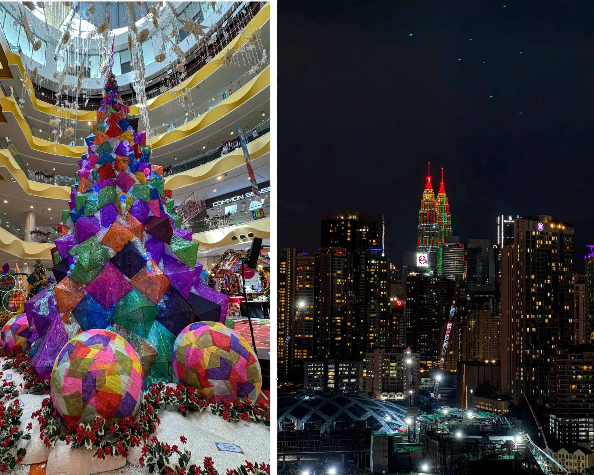 Two photos: a colorful geometric Christmas tree in a mall atrium and the Petronas Towers lit red and green at night