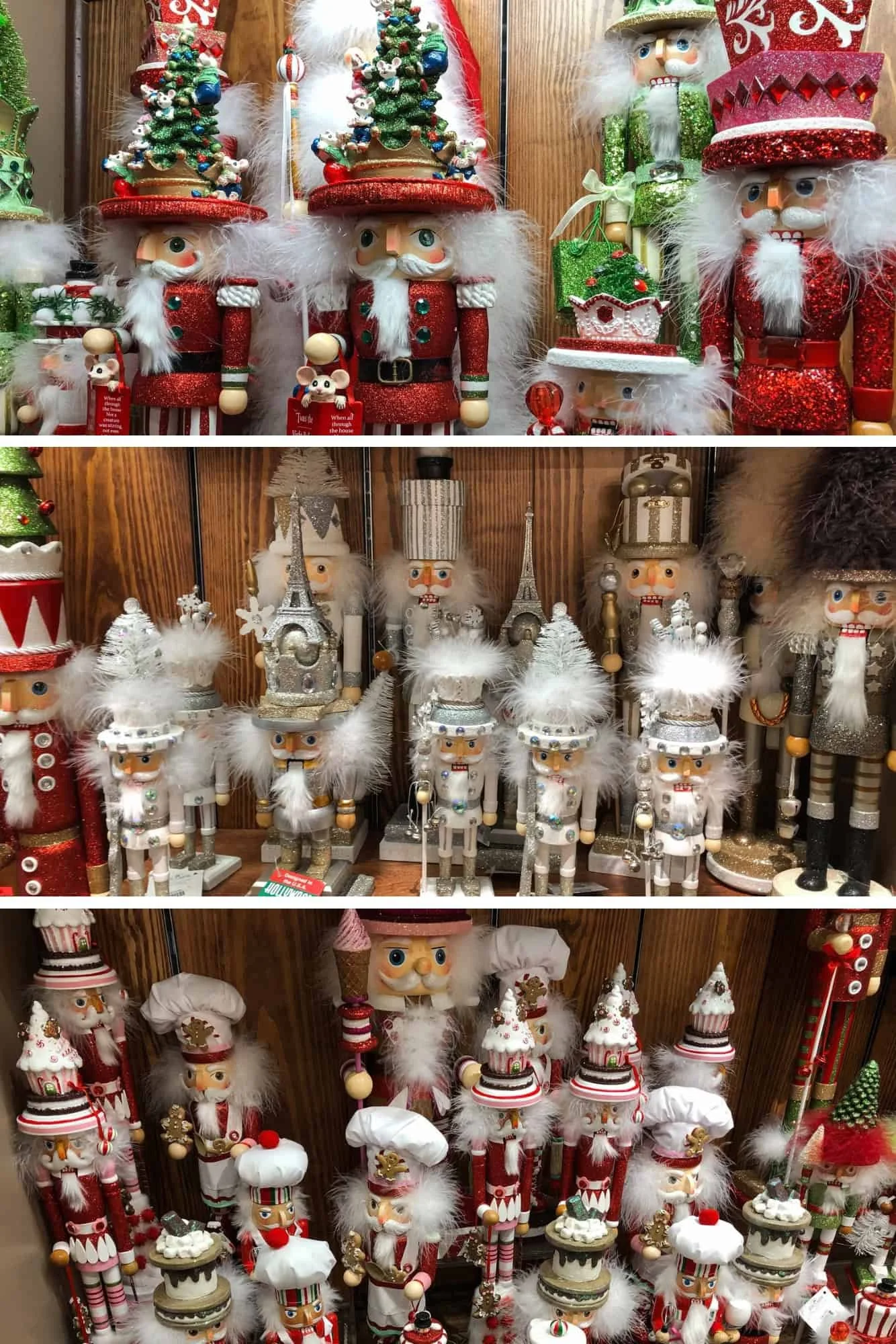 Three shelves of nutcrackers: red and green classics, white and silver ones with Eiffel Tower hats, and cupcake-hat chefs.