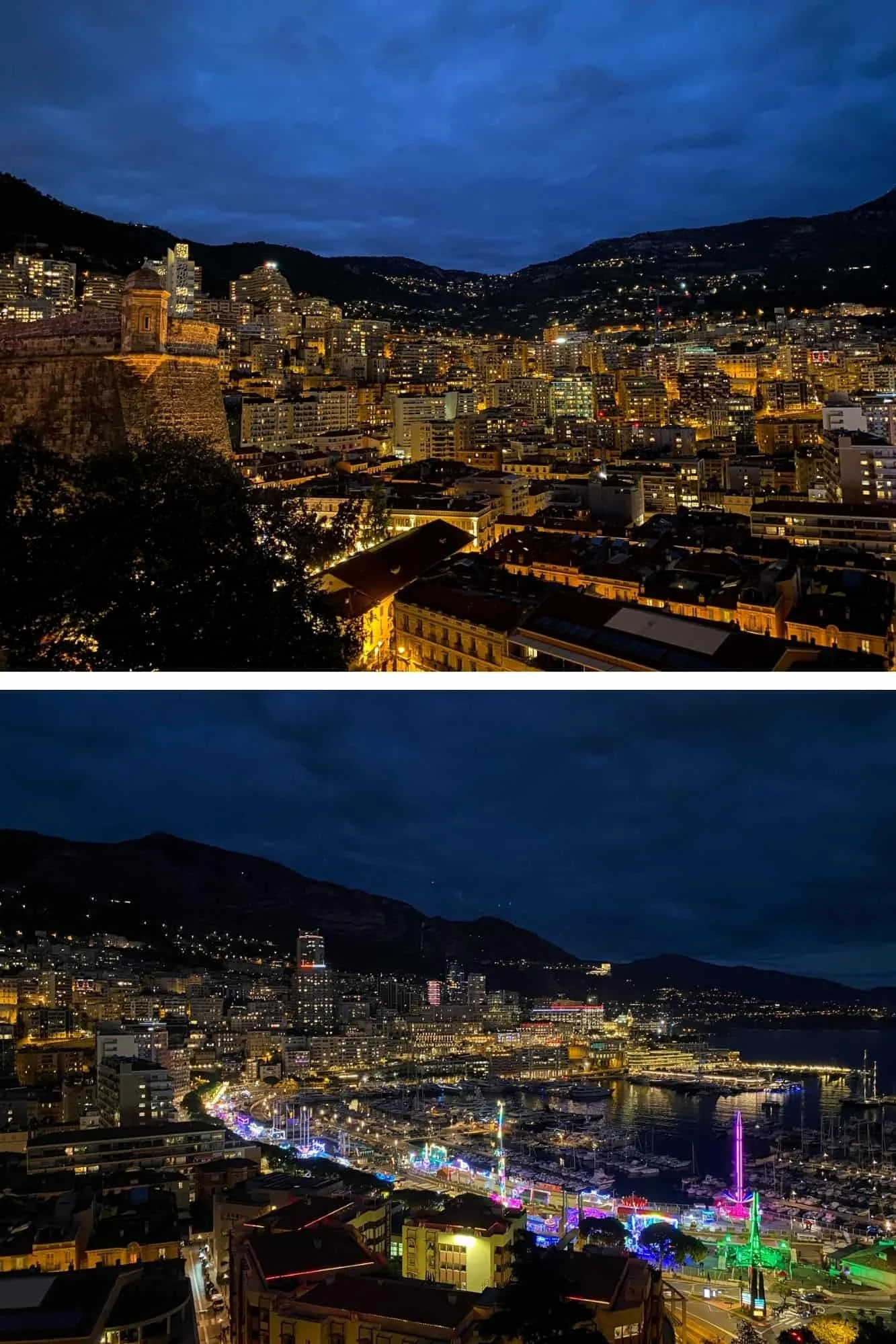 Nighttime panorama of Monaco from the Prince's Palace esplanade — Monte Carlo city lights and Port Hercule harbor illuminated at night, a stunning end to a Monaco day trip from Nice