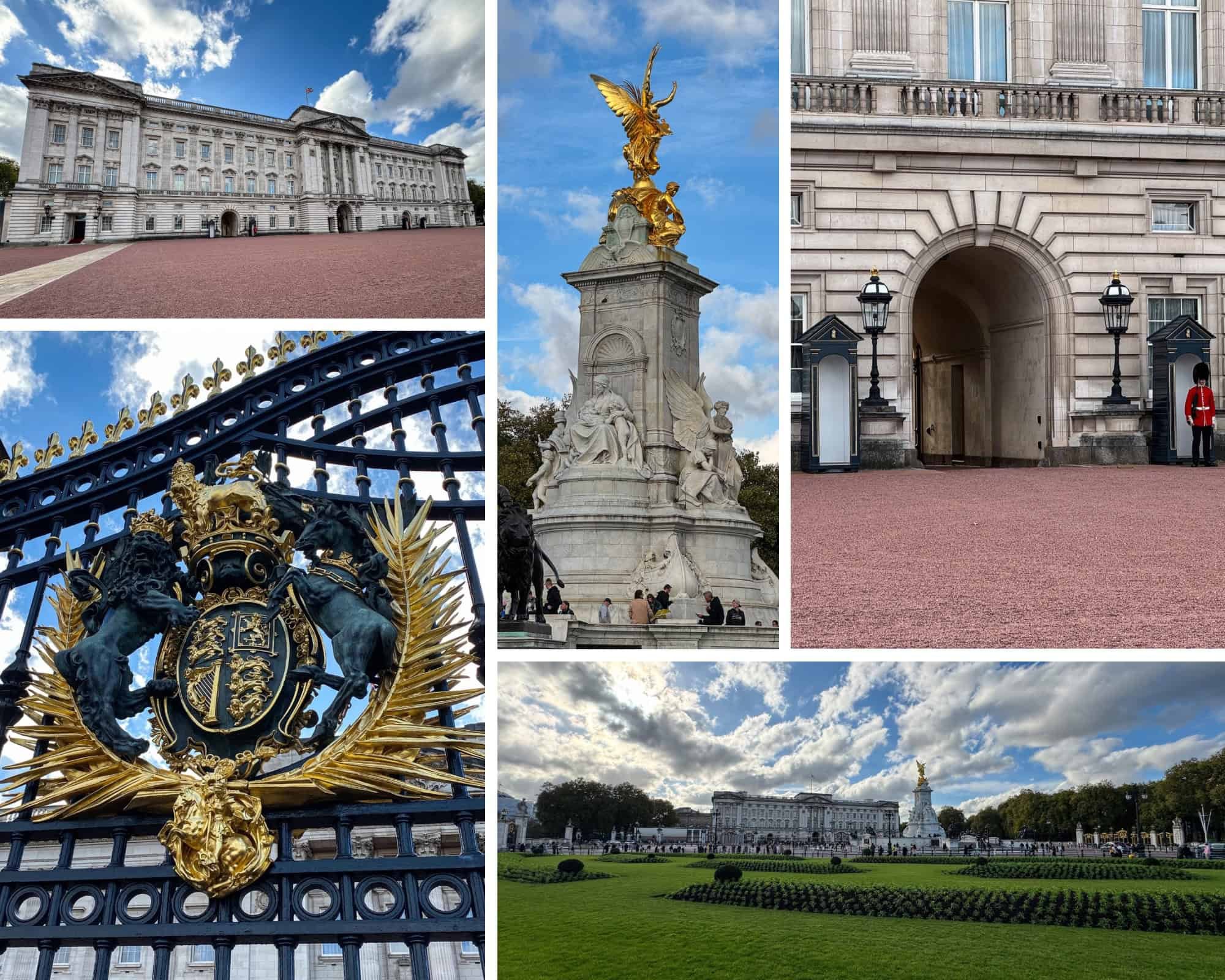 Grand facade and intricate details of Buckingham Palace in London, a top free exterior view for budget family travel.