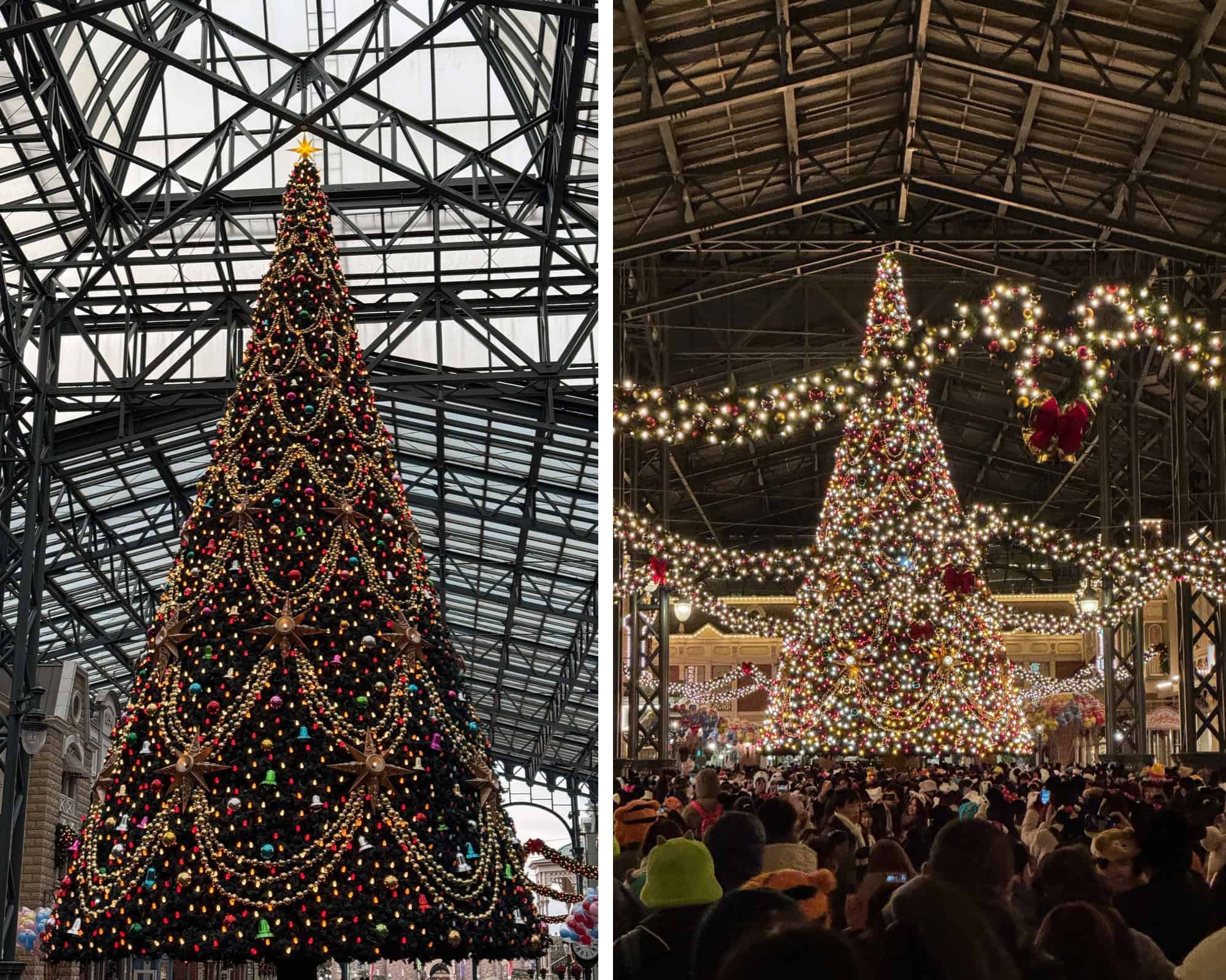 Two photos of the tall World Bazaar Christmas tree under a glass-and-steel roof, one by day and one lit at night
