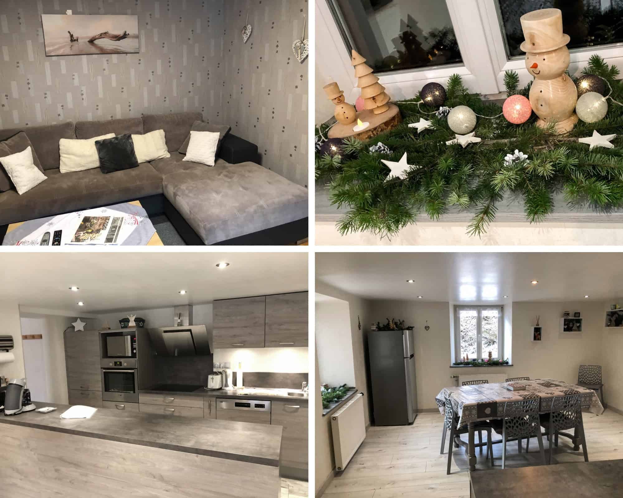 Collage of a cozy living room couch, festive windowsill, well-equipped kitchen, and dining table at our Airbnb