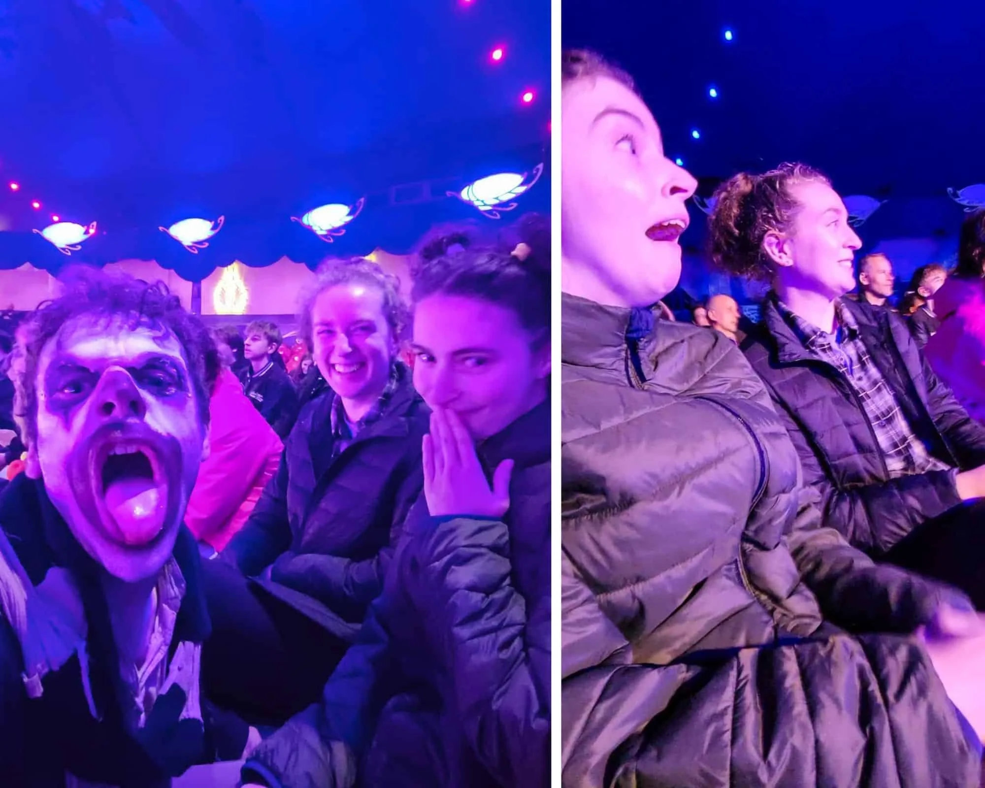 A costumed scare actor and shocked family members reacting during the Traumatica ice show.