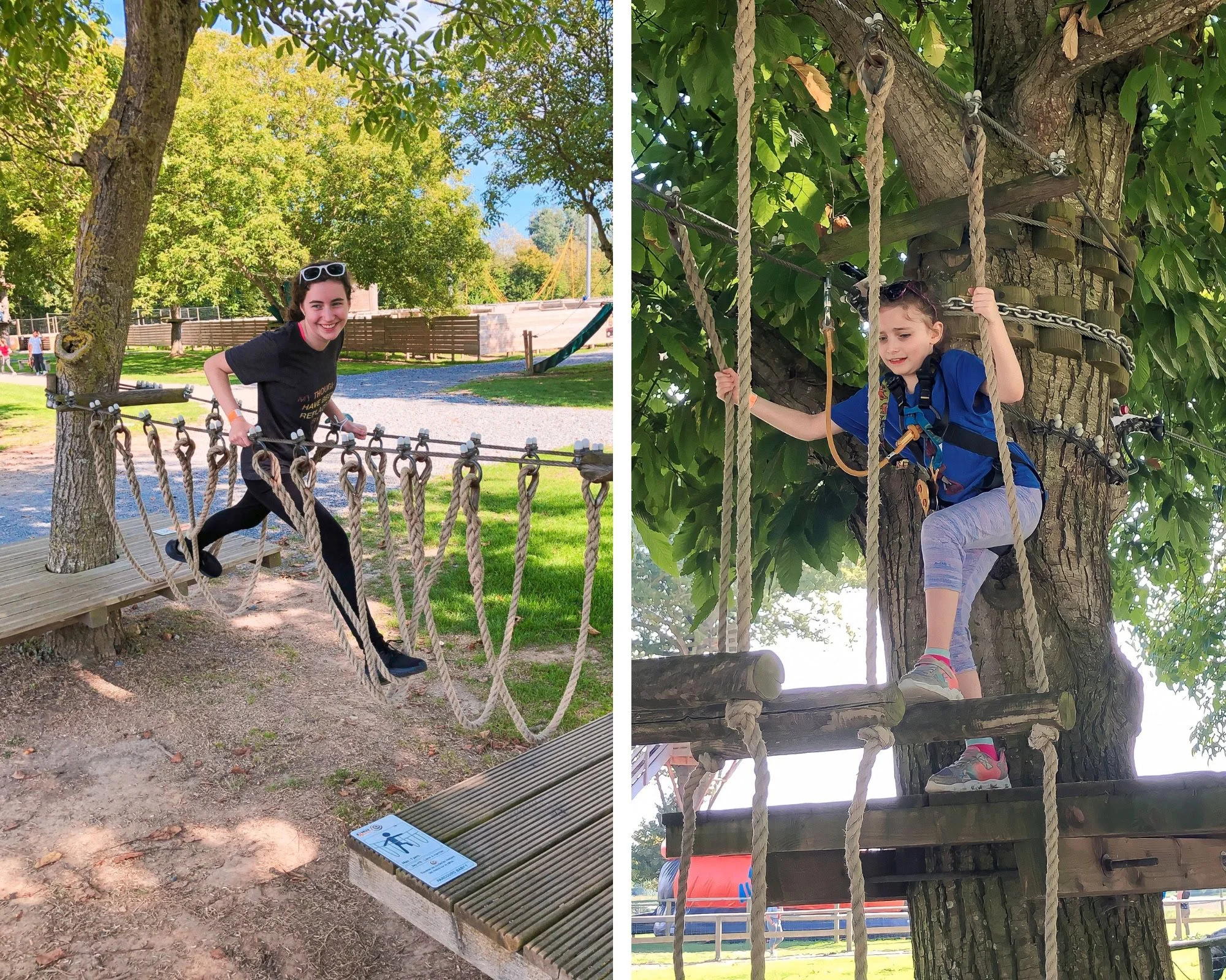Two kids tying out some of the obstacle courses at Bayeux Adventure Park in Normandy, France