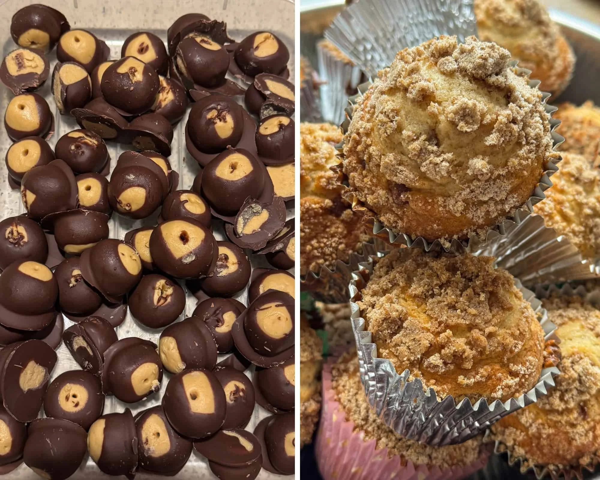 Two photos: a tray of chocolate-dipped peanut butter buckeyes and crumb-topped muffins in foil liners