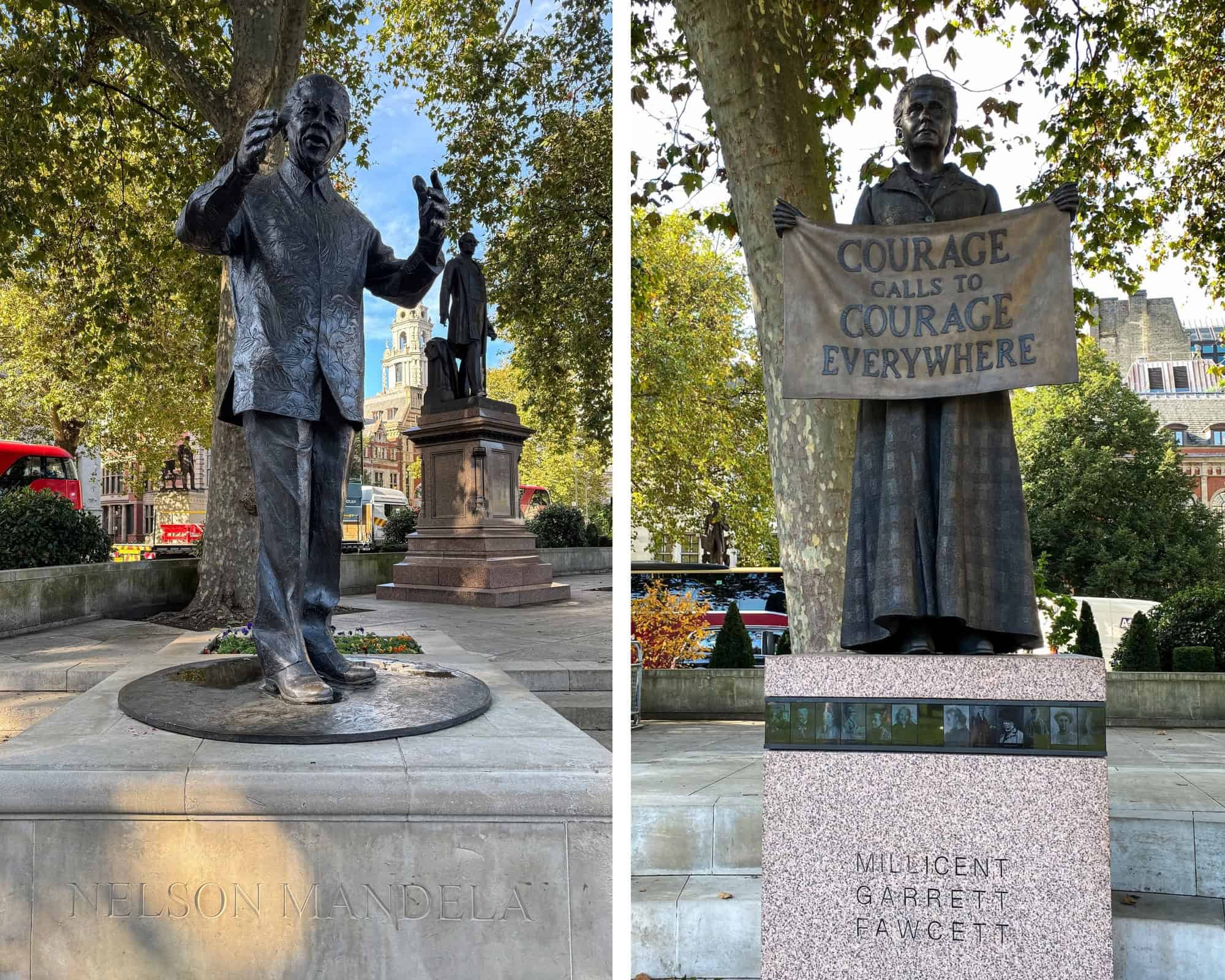 Nelson Mandela and Millicent Fawcett statues in Parliament Square - free historical London attractions for families