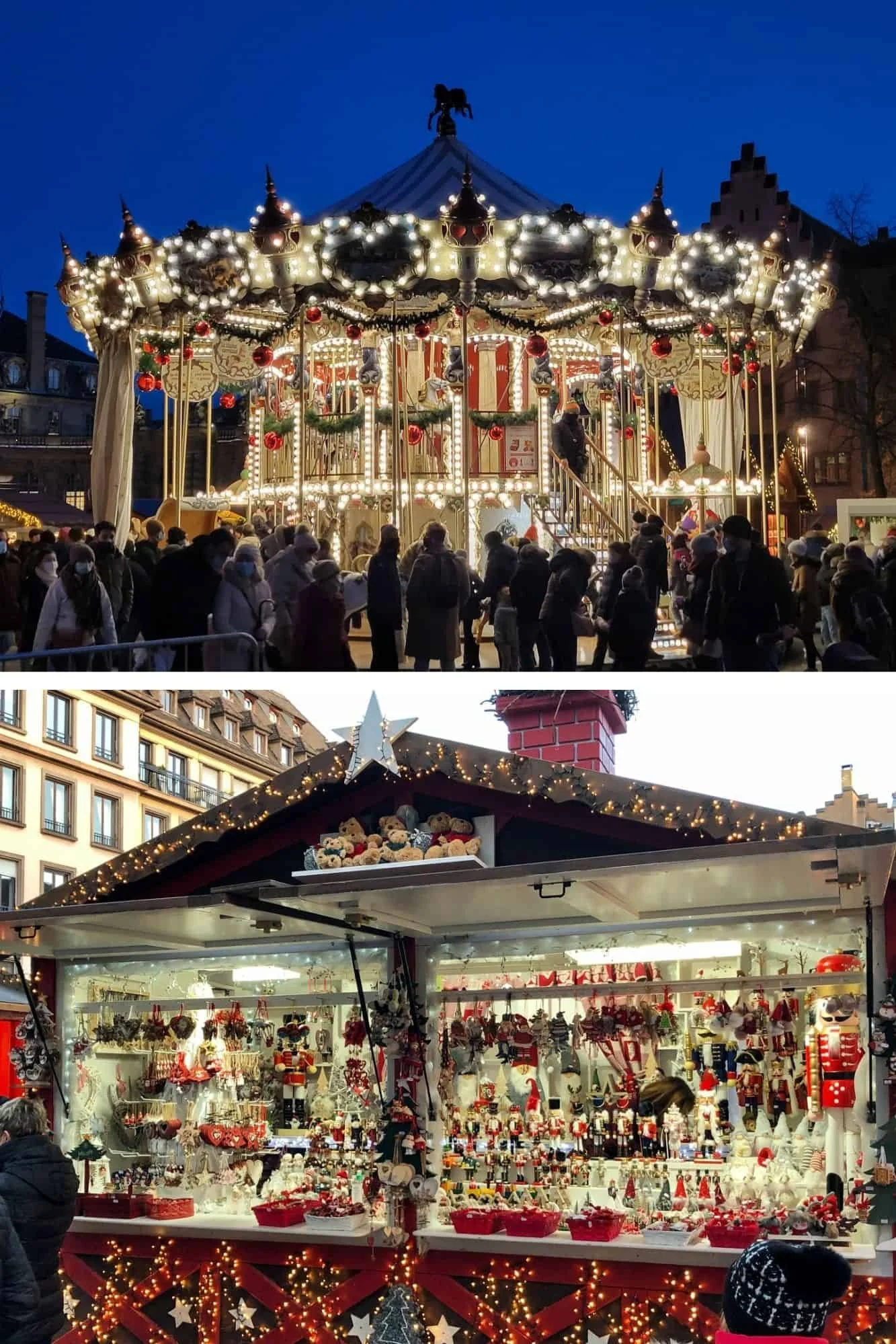 Lit carousel at night with crowds, and a Christmas stall full of nutcrackers and ornaments in Strasbourg