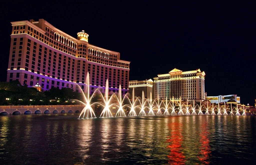 Bellagio Fountains nighttime water and light show in Las Vegas. The top free thing to do with kids on the Strip