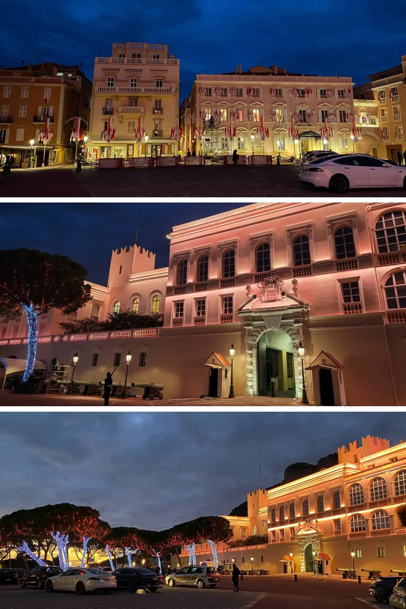 Three nighttime views of the Prince's Palace of Monaco lit up for National Day — illuminated facade, decorated entrance gate with blue and white lights, and the golden-lit Palace Square on Le Rocher