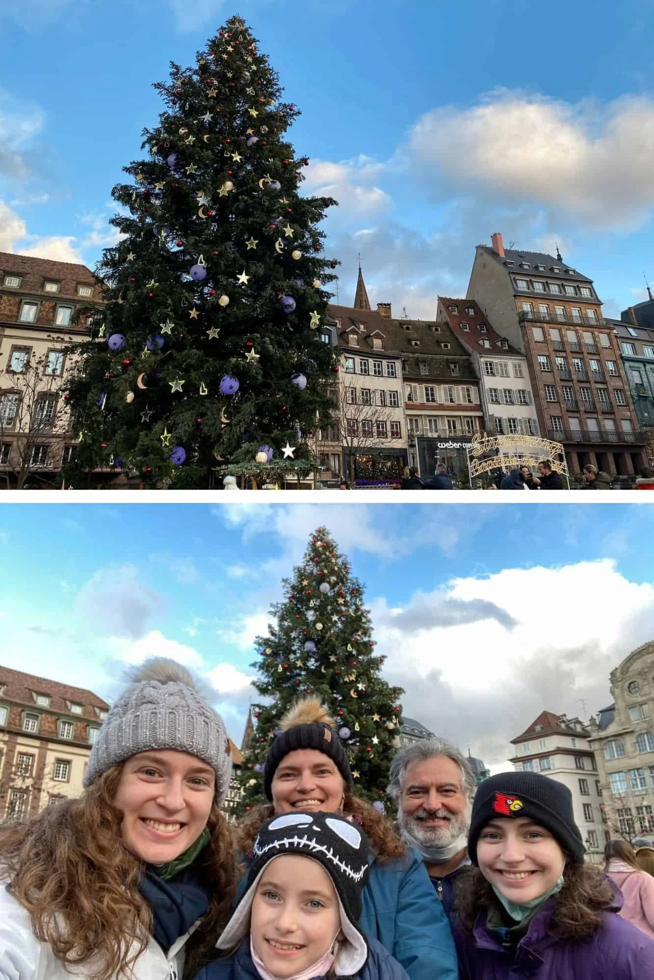 Tall decorated Christmas tree in Place Kléber by day, and four family members smiling in a selfie in front of it