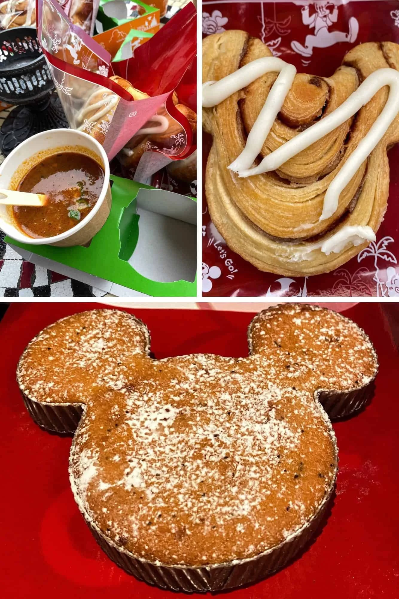 Three photos: a cup of gumbo soup, a Mickey-shaped cinnamon roll, and a Mickey-shaped muffin on red Disney trays