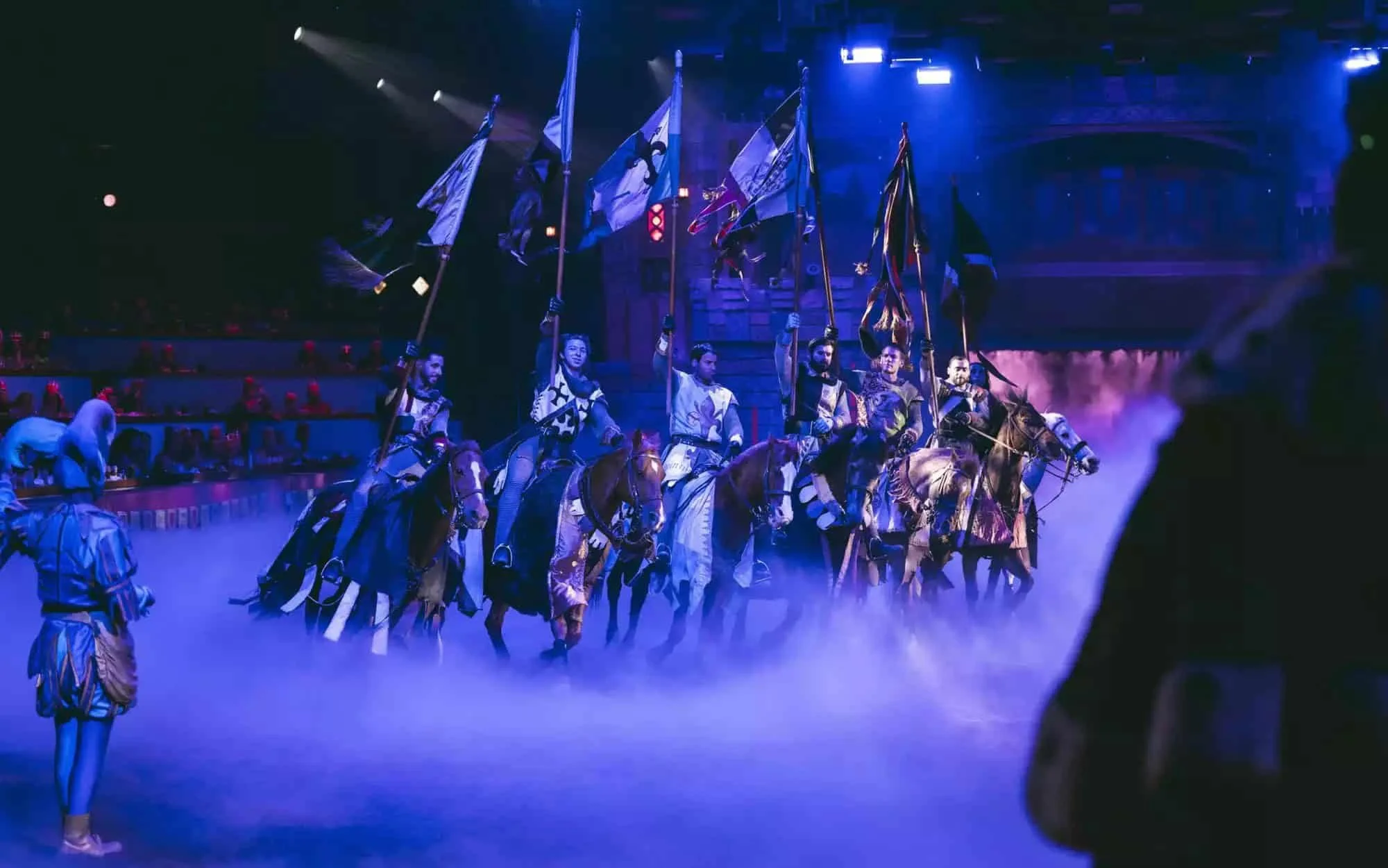 The kid-friendly Tournament of Kings show in Exaclibur Hotel, Las Vegas. Horse and riders in medieval costumes.