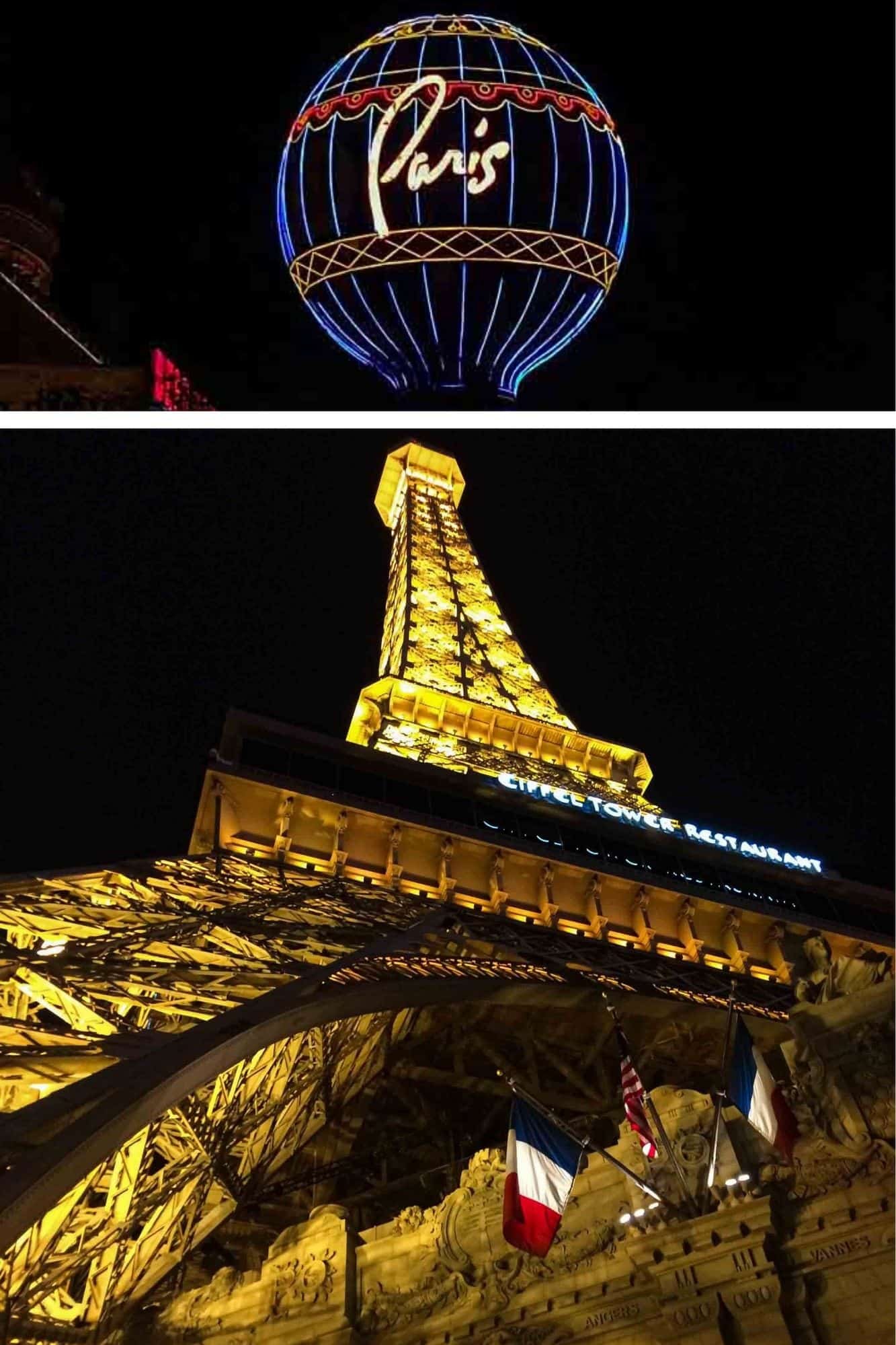 The stunning, nighttime view of the (faux) Eiffel Tower & hot air balloon outside the Paris Hotel & Casino, one of the best family hotels in Las Vegas
