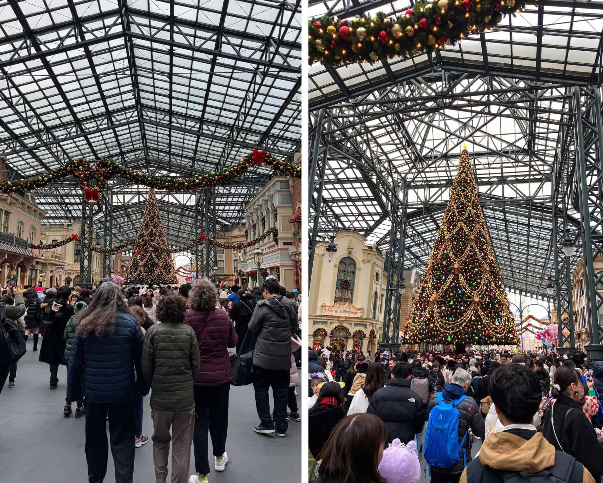 Two photos: family members walking into the glass-roofed World Bazaar, and a packed crowd facing the lit Christmas tree
