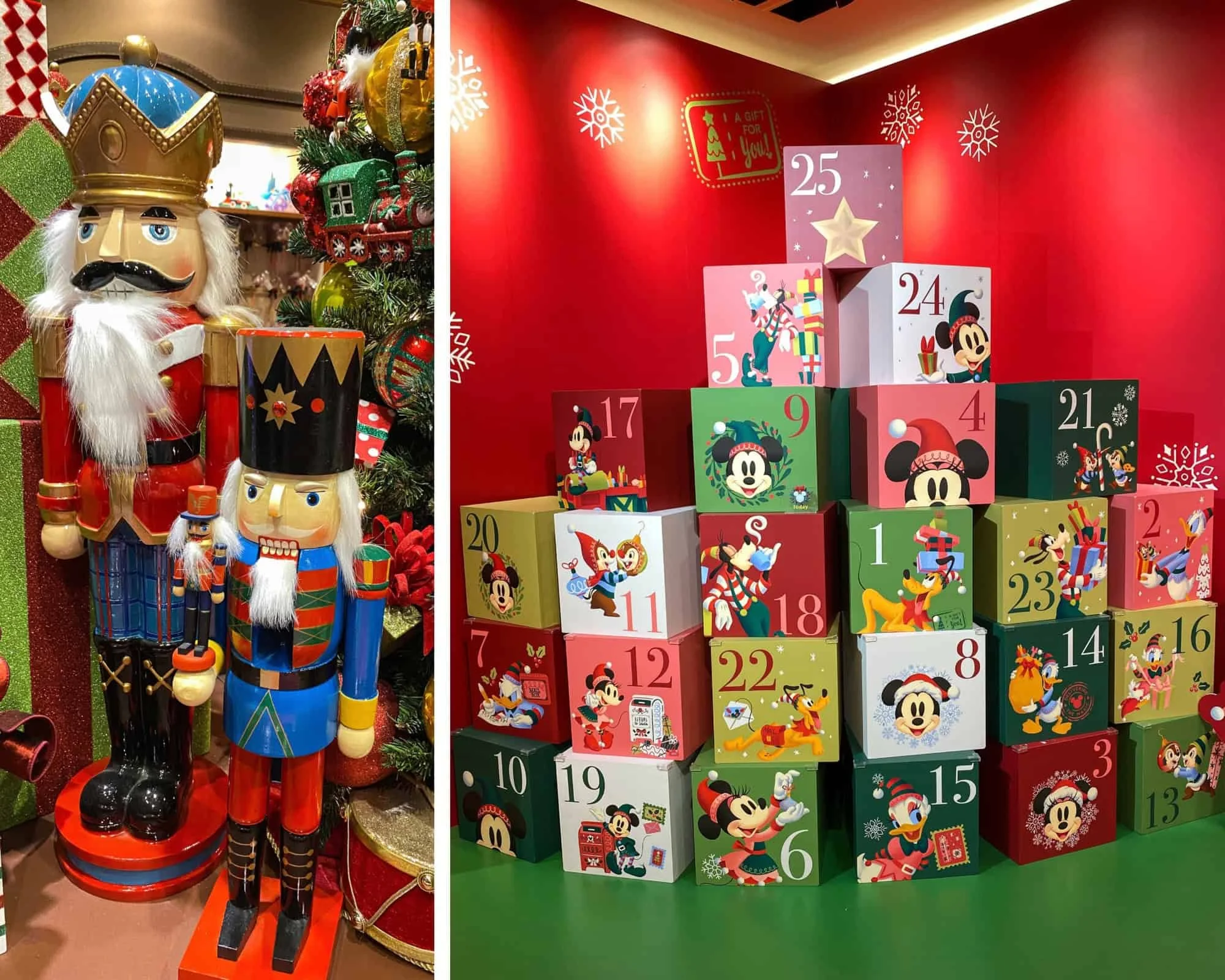 Two photos: tall nutcracker figures beside a Christmas tree, and a stack of numbered Mickey-themed Advent boxes