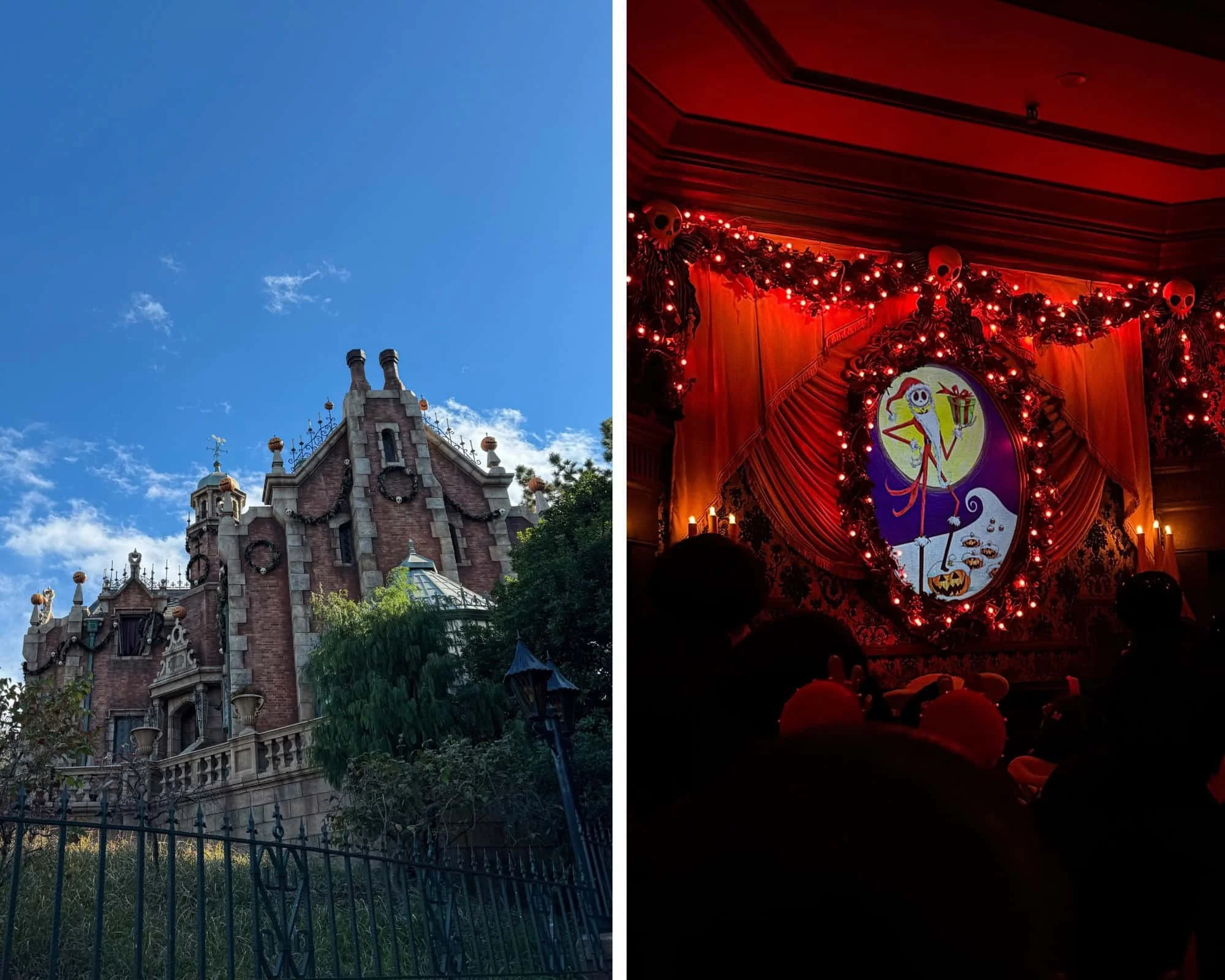 Two photos: the Haunted Mansion exterior under a blue sky, and a lit, garland-framed portrait of Jack Skellington inside