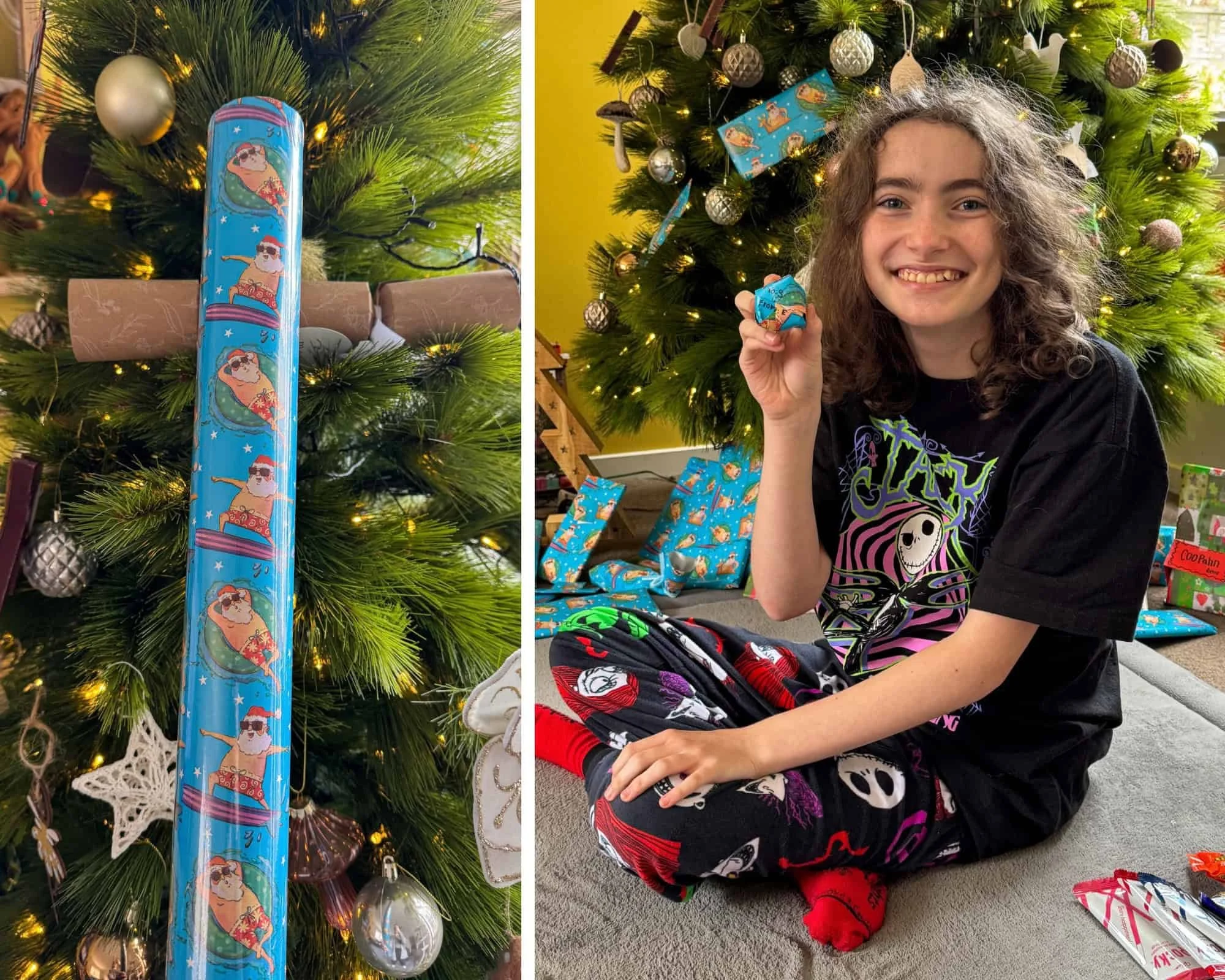 Two photos: a roll of surfing Santa wrapping paper in front of a tree, and a family member holding a small wrapped gift