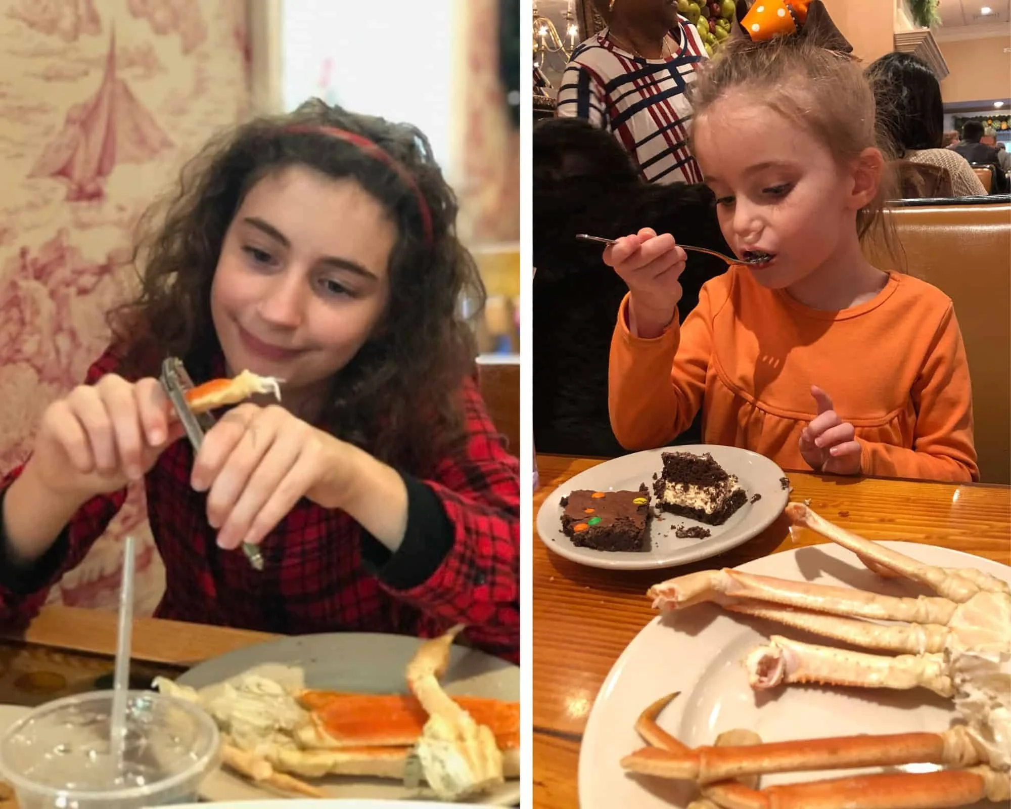 A family member cracks a crab leg at a restaurant table, and another eats dessert beside a plate of crab legs.