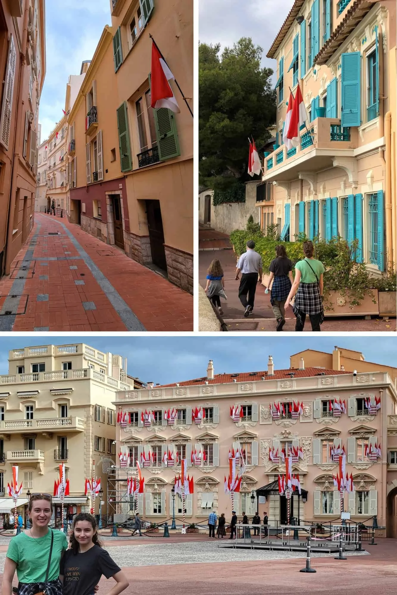 Narrow cobblestone streets of Monaco-Ville lined with pastel buildings and Monaco's red and white National Day flags, with two teenage girls posing in front of the flag-covered Palace Square