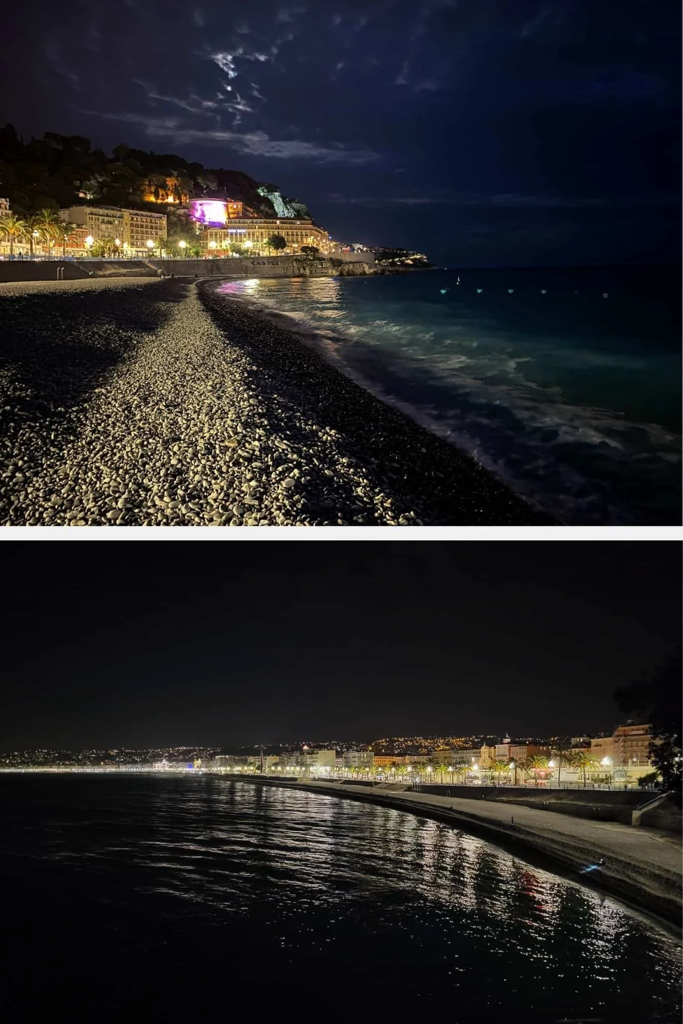 Nighttime view of Castel Beach and Mediterranean coastline Nice France from the Promenade des Anglais