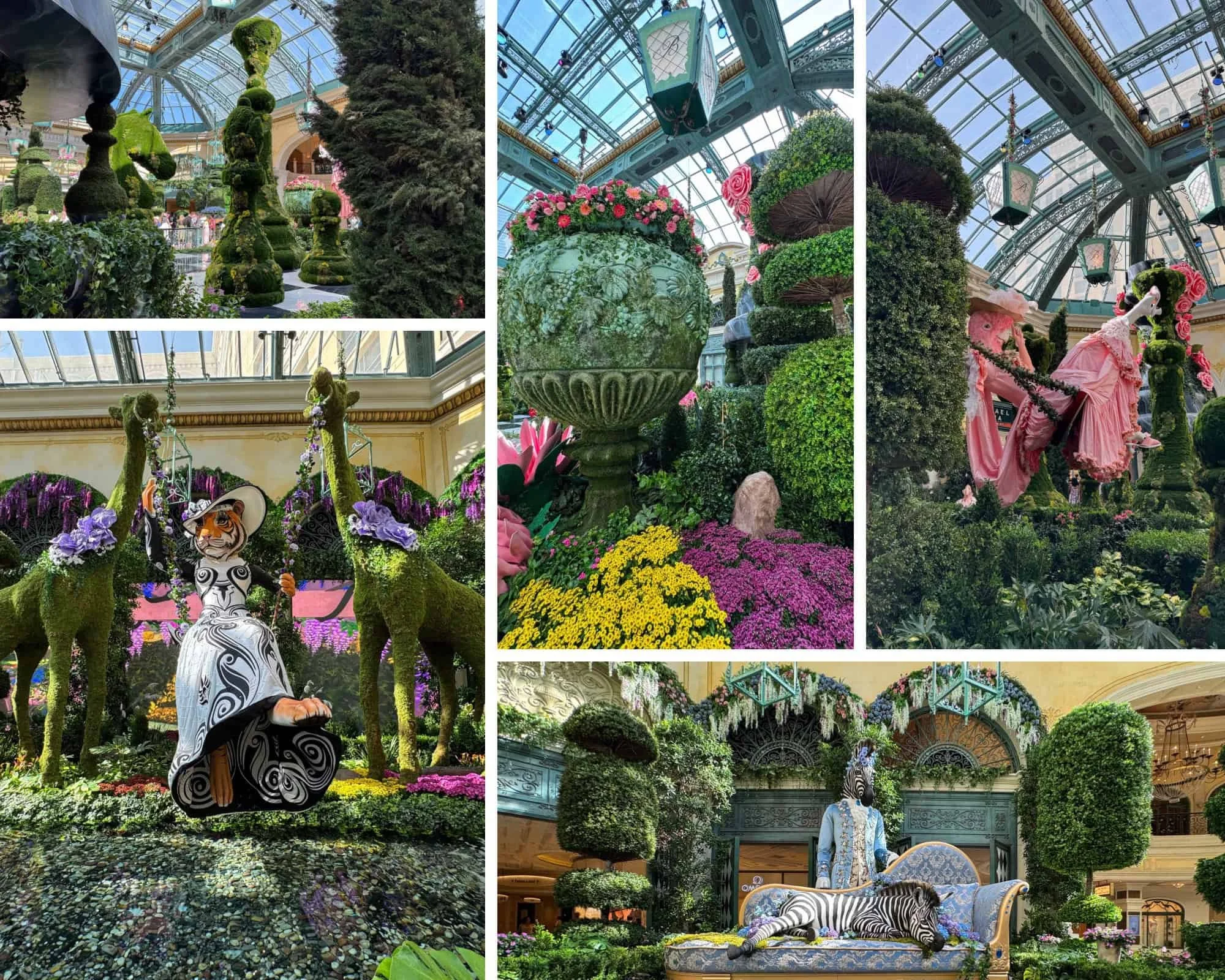 Colorful topiary sculptures and flower displays inside the Bellagio Conservatory & Botanical Garden in Las Vegas.