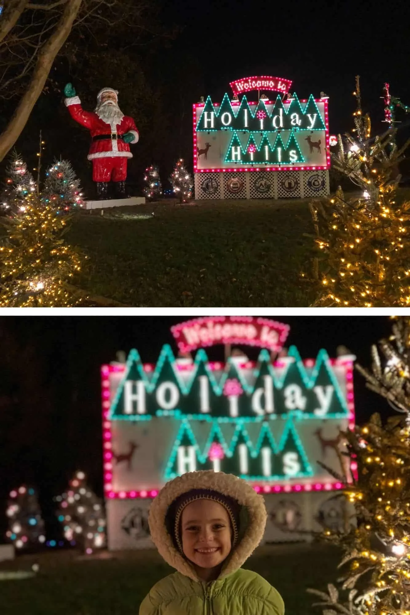 Two photos of the lit Holiday Hills sign at night: a Santa statue beside it, and a smiling family member in a hooded jacket.