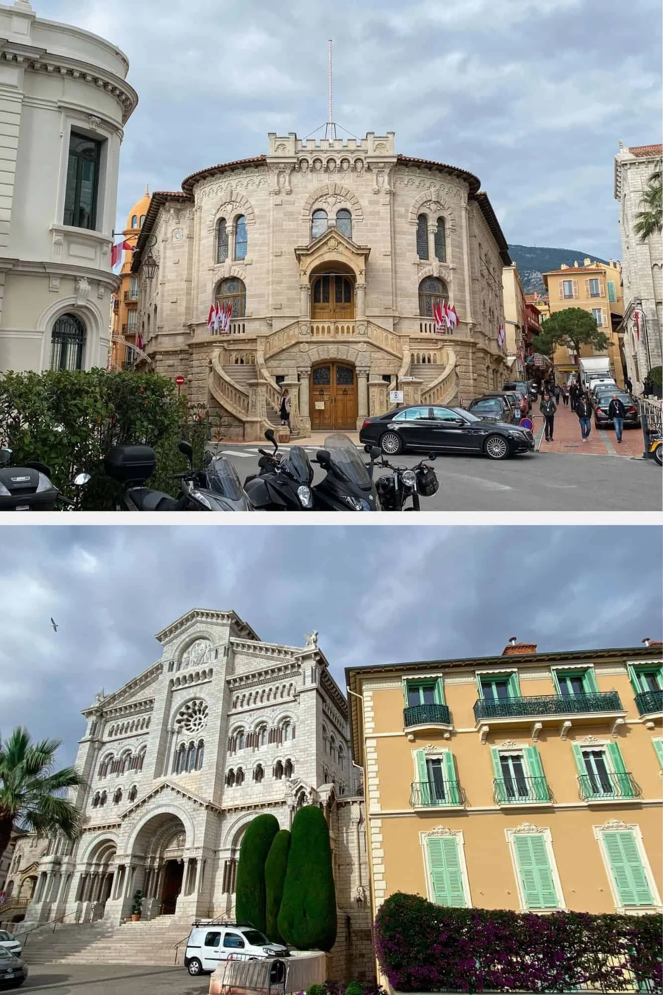Two landmark buildings on Le Rocher in Monaco — the ornate Palais de Justice courthouse decorated with Monaco flags, and the Romanesque-Byzantine Cathédrale Notre-Dame-Immaculée where Grace Kelly is buried