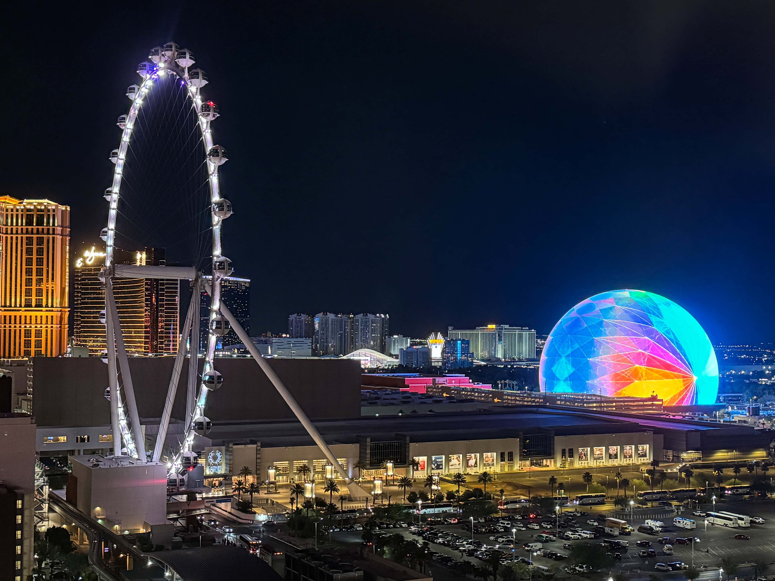 The nighttime view from our family hotel room in the Horseshoe Hotel overlooking the High Roller and Sphere.