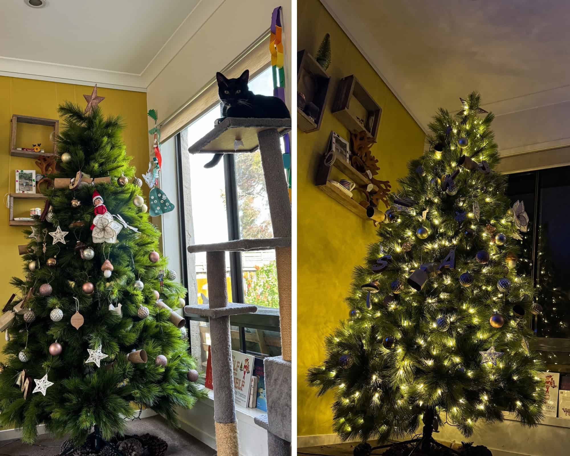 Two photos of a decorated Christmas tree in a yellow room; one shows an Elf on the Shelf and a black cat on a cat tree