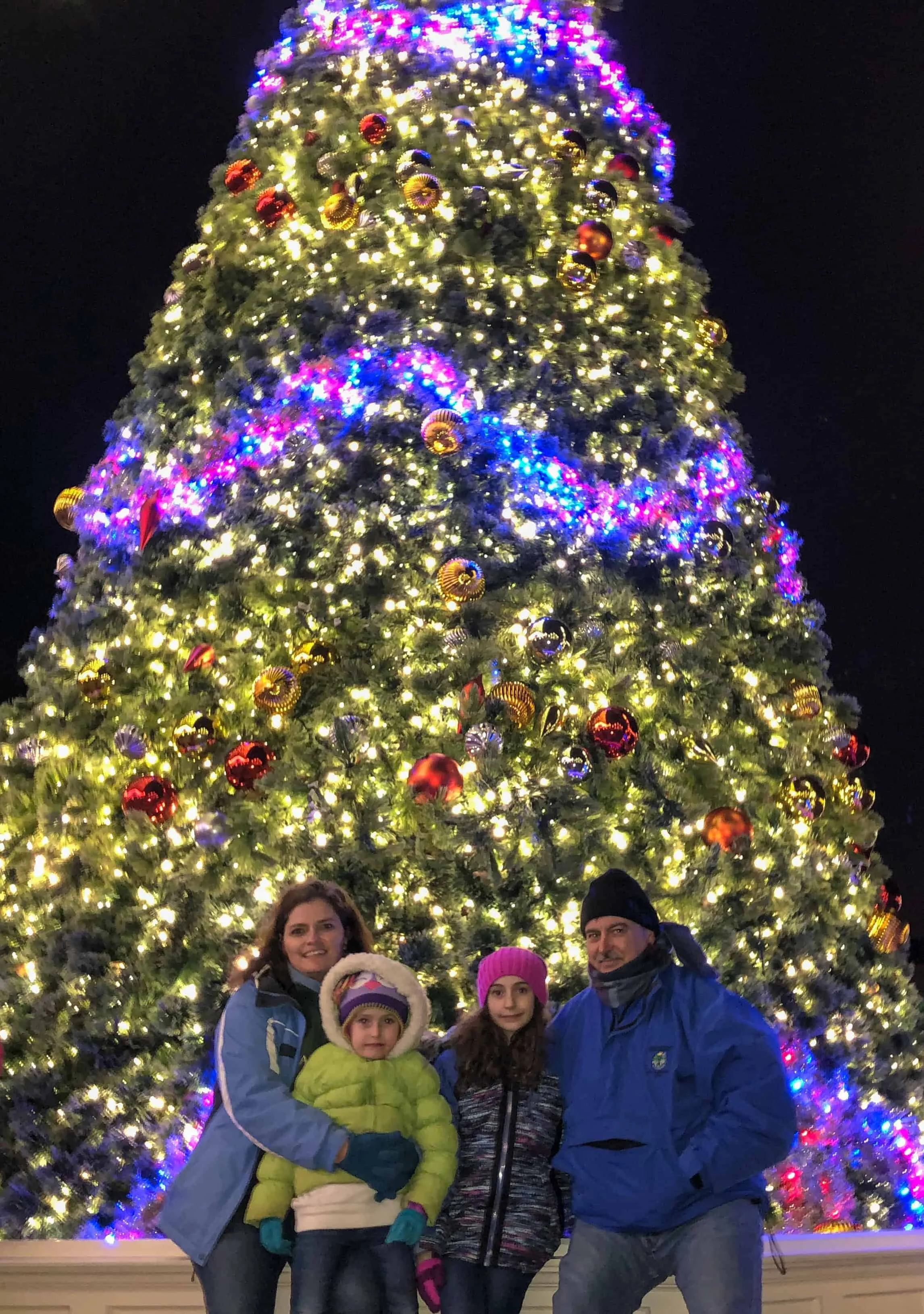 Four family members pose at night in front of a huge Christmas tree glowing with white lights and gold ornaments.