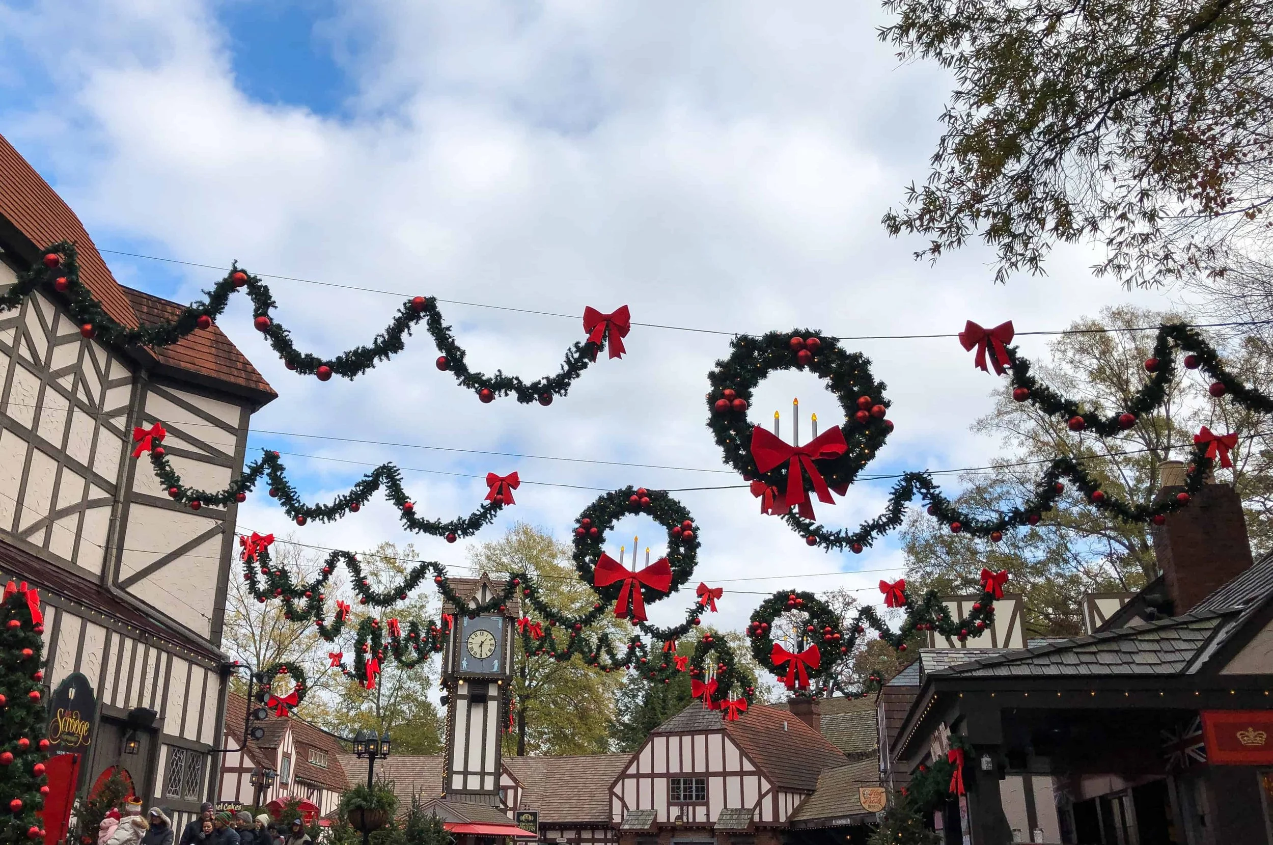 These stunning wreath decorations hang over the walkway in England near the entrance of Busch Gardens Williamsburg during their Christmas Town event.