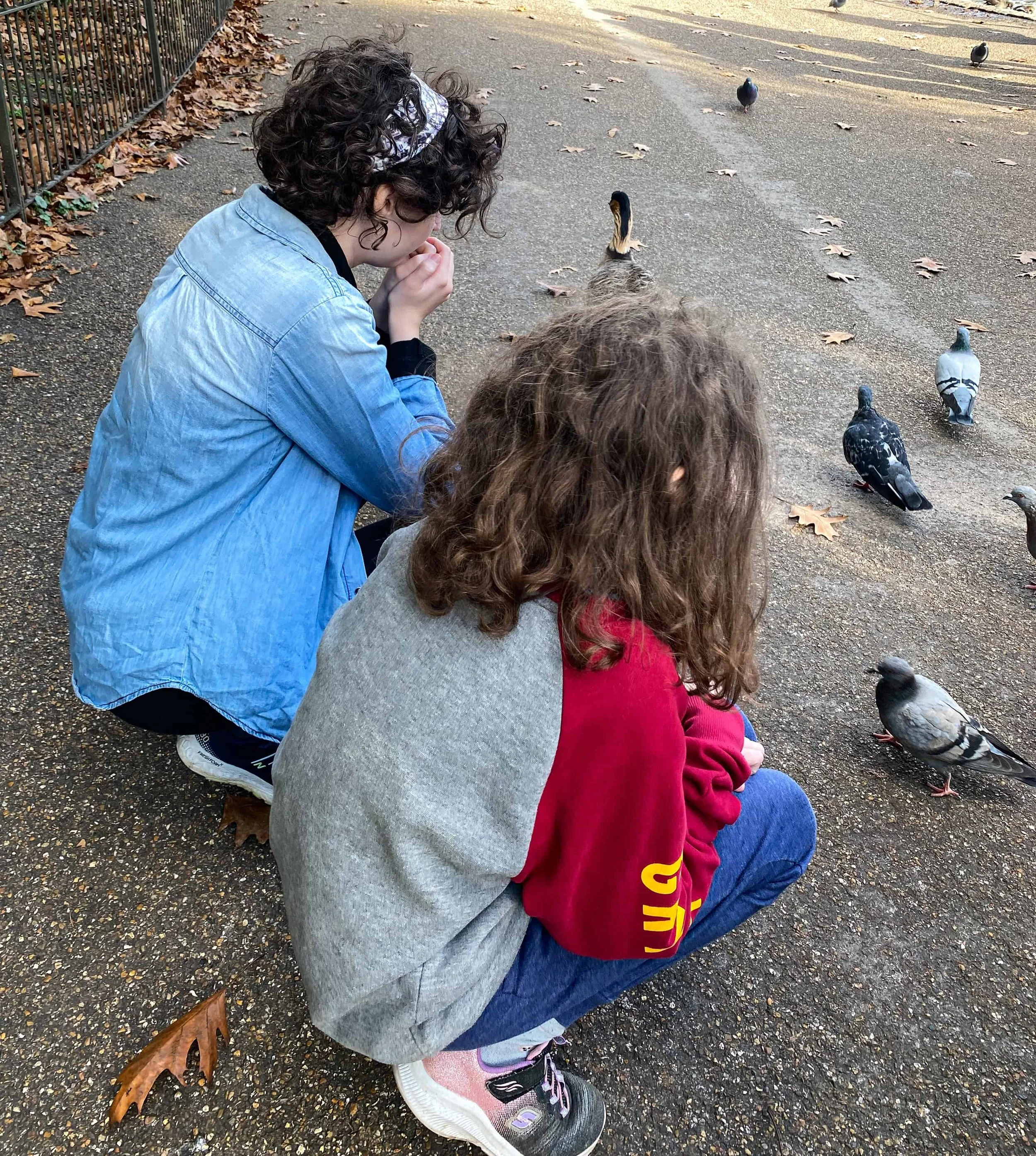 Two teenagers, Rachel and Sophie laughing while feeding and practicing bird calls with pigeons in St James’s Park – free fun family activity in London.