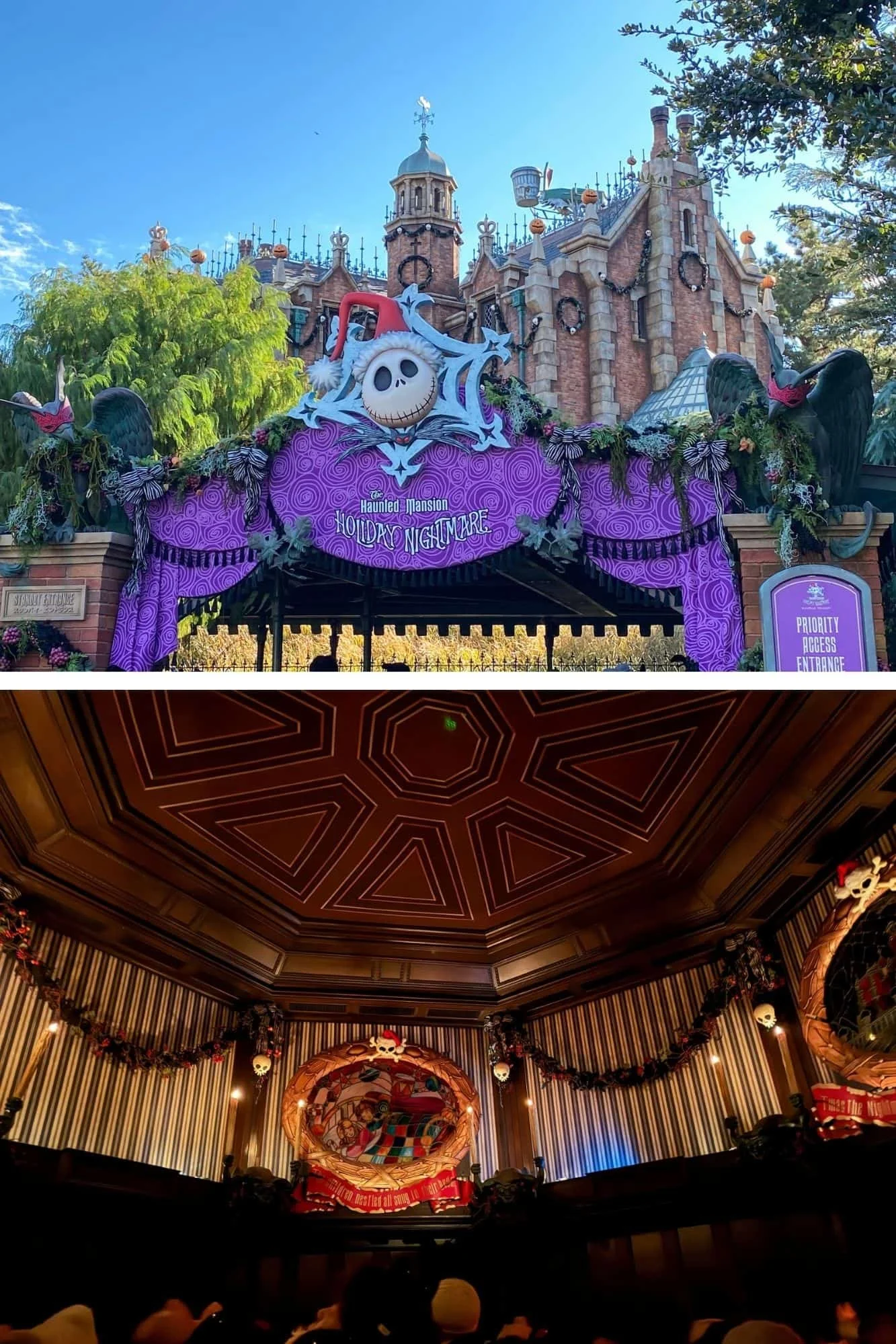 Two photos: the purple Haunted Mansion Holiday Nightmare entrance with Jack Skellington, and a garland-trimmed ride room