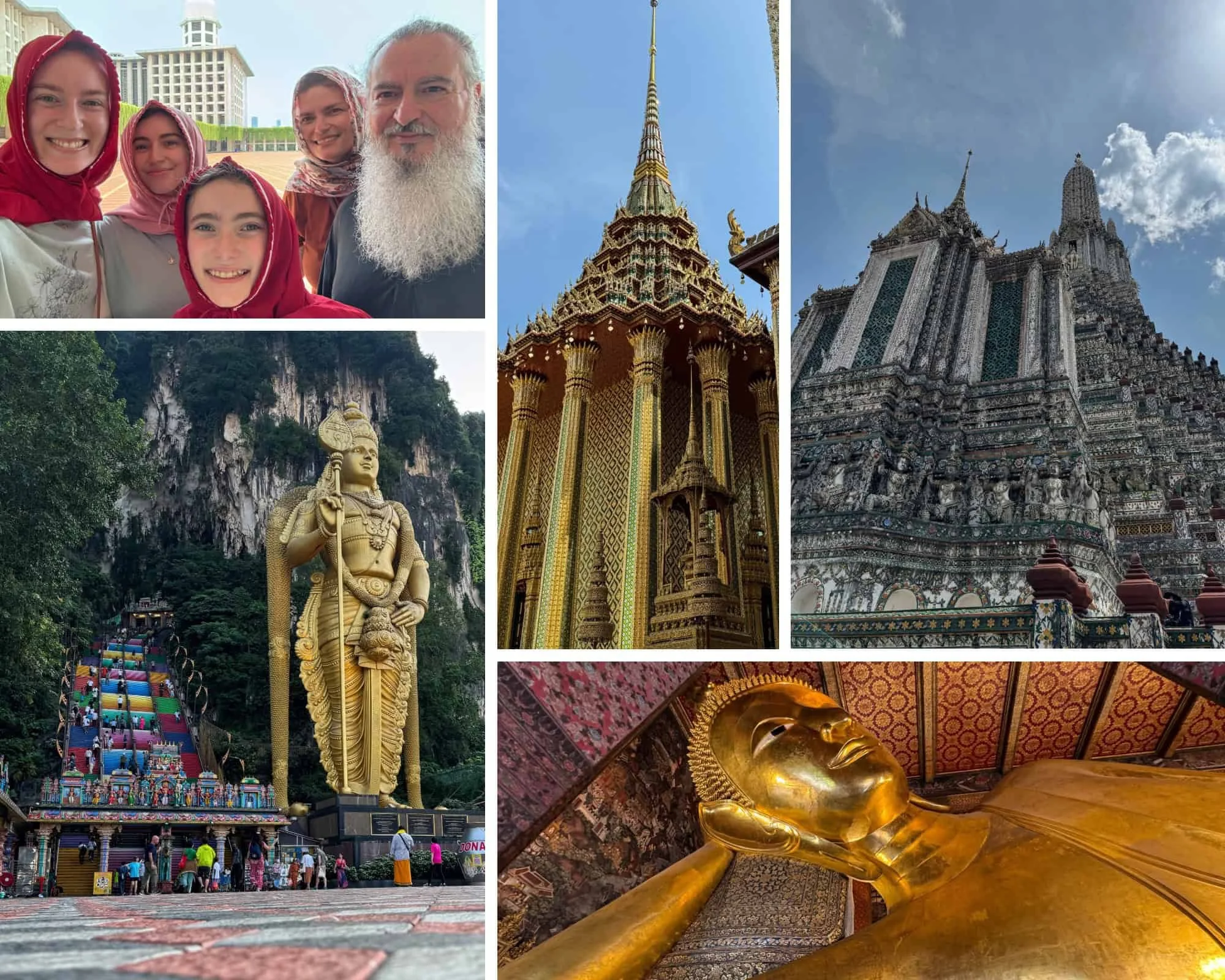 Collage of family of 5 with teens in various southeast Asia temples and mosques traveling on a budget in Jakarta, Bangkok, and Kuala Lumpur