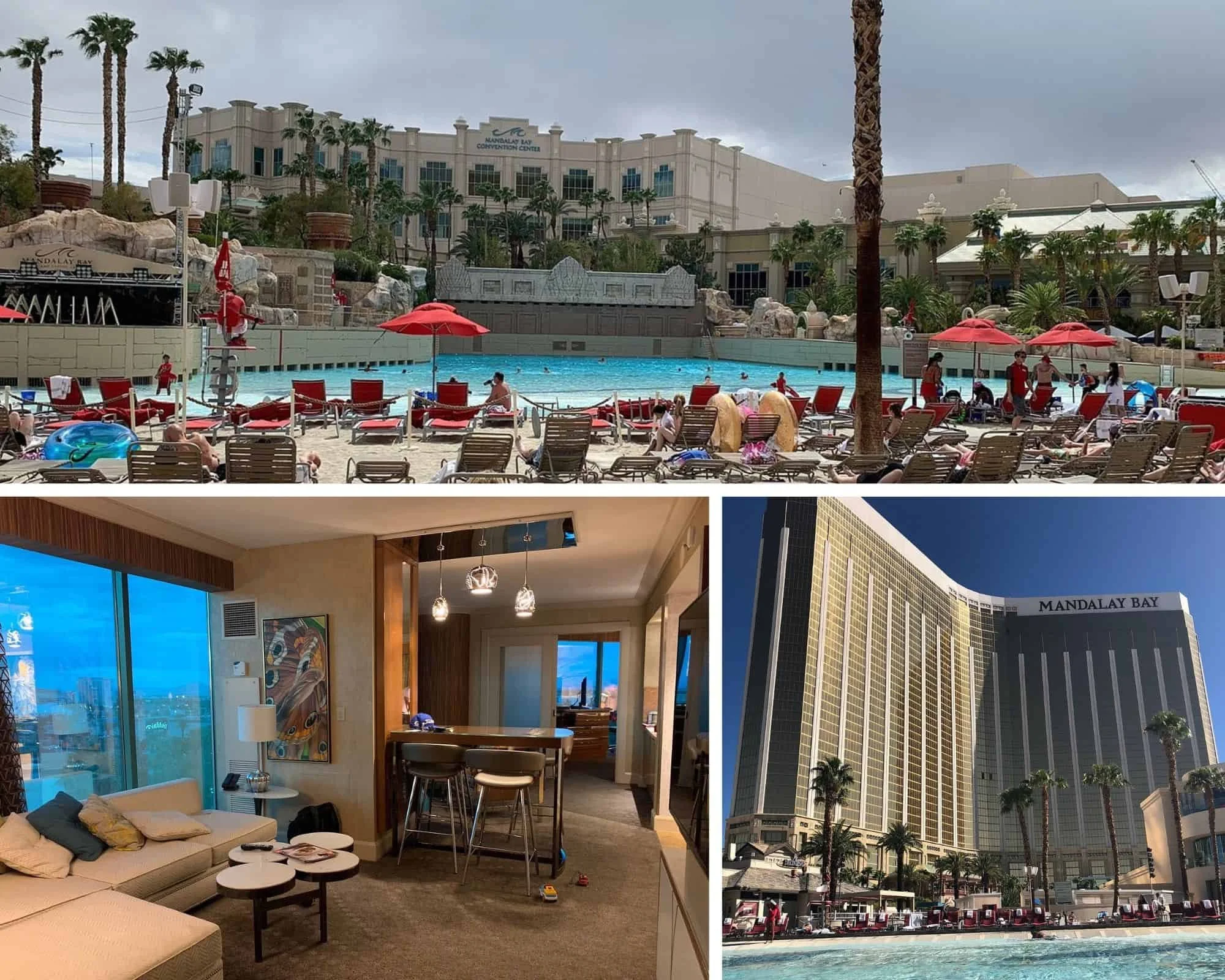Collage of Mandalay Bay's wave pool beach with red umbrellas and loungers, a family suite living area, and the hotel's exterior tower.