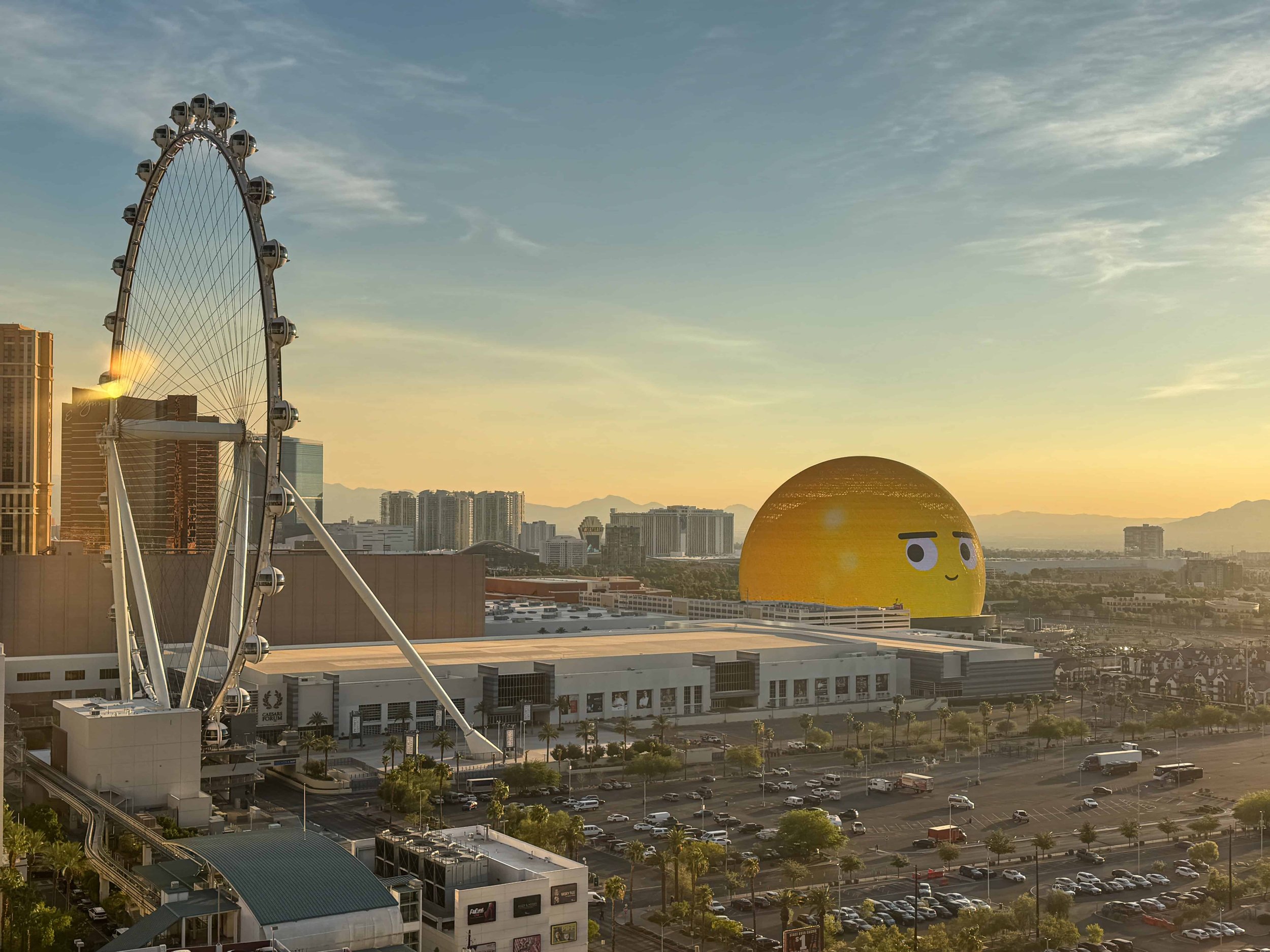 A daytime view of the High Roller and Sphere from our family room at the Horseshoe Hotel, Las Vegas