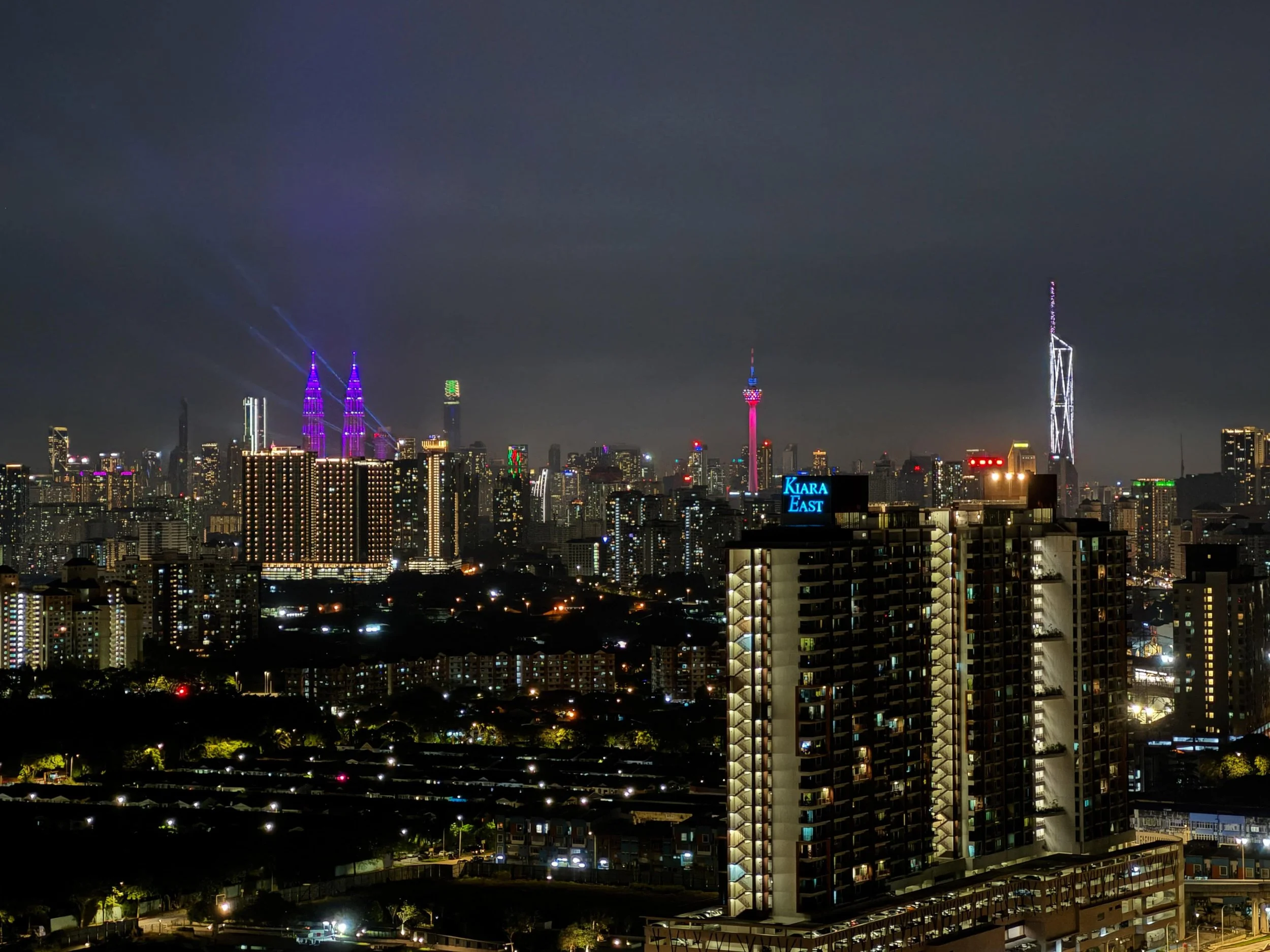 A nighttime view of the Kuala Lumpur, Malaysia skyline on New Year's Eve.