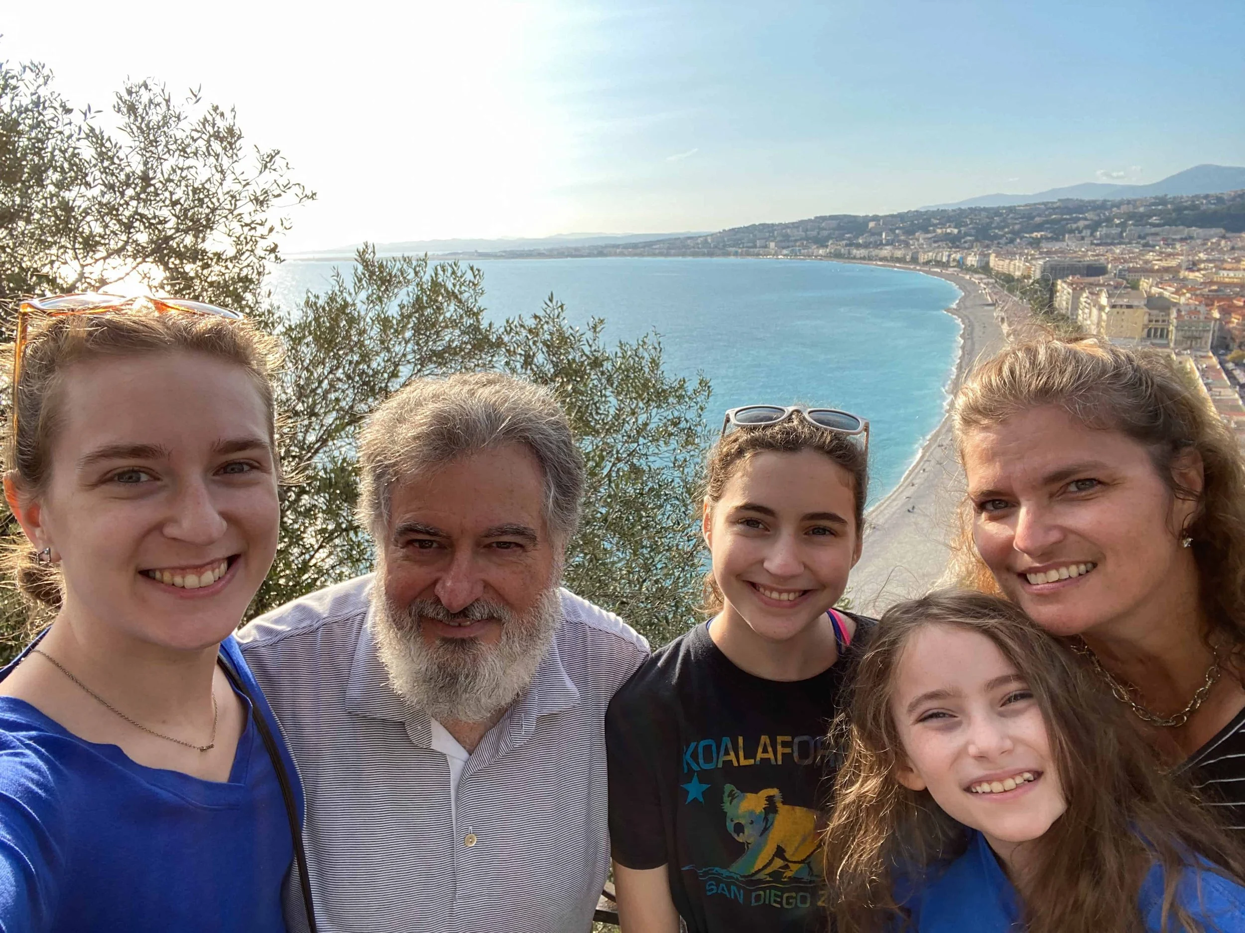 Family selfie at Colline du Chateau Castle Hill Nice France overlooking the Mediterranean coastline