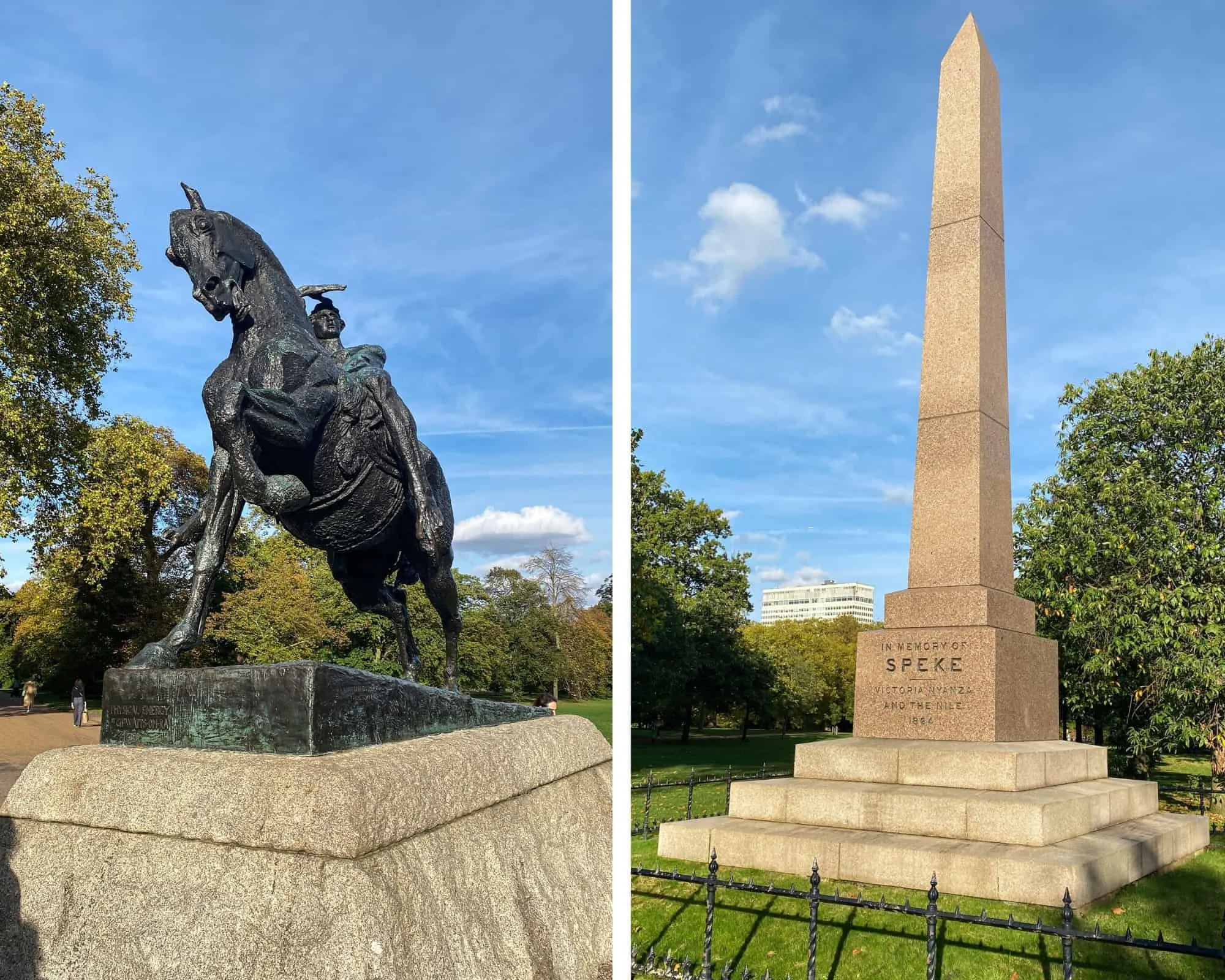 Free Kensington Gardens London monuments - Physical Energy sculpture and Speke Monument for budget family sightseeing