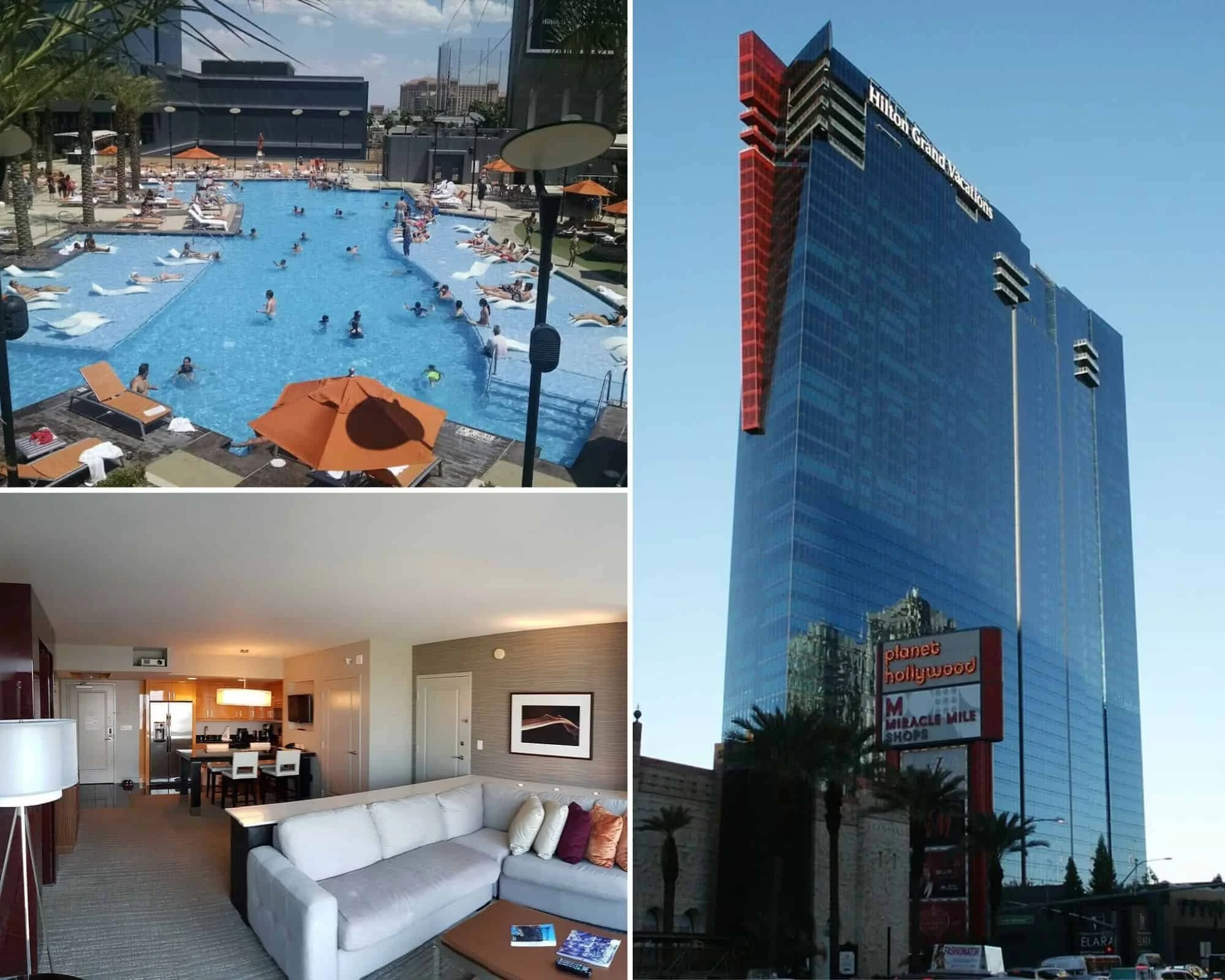 The Elara Hotel by Hilton Grand Vacations, along with a look at its pool & an interior view of 1 of the multigenerational rooms.