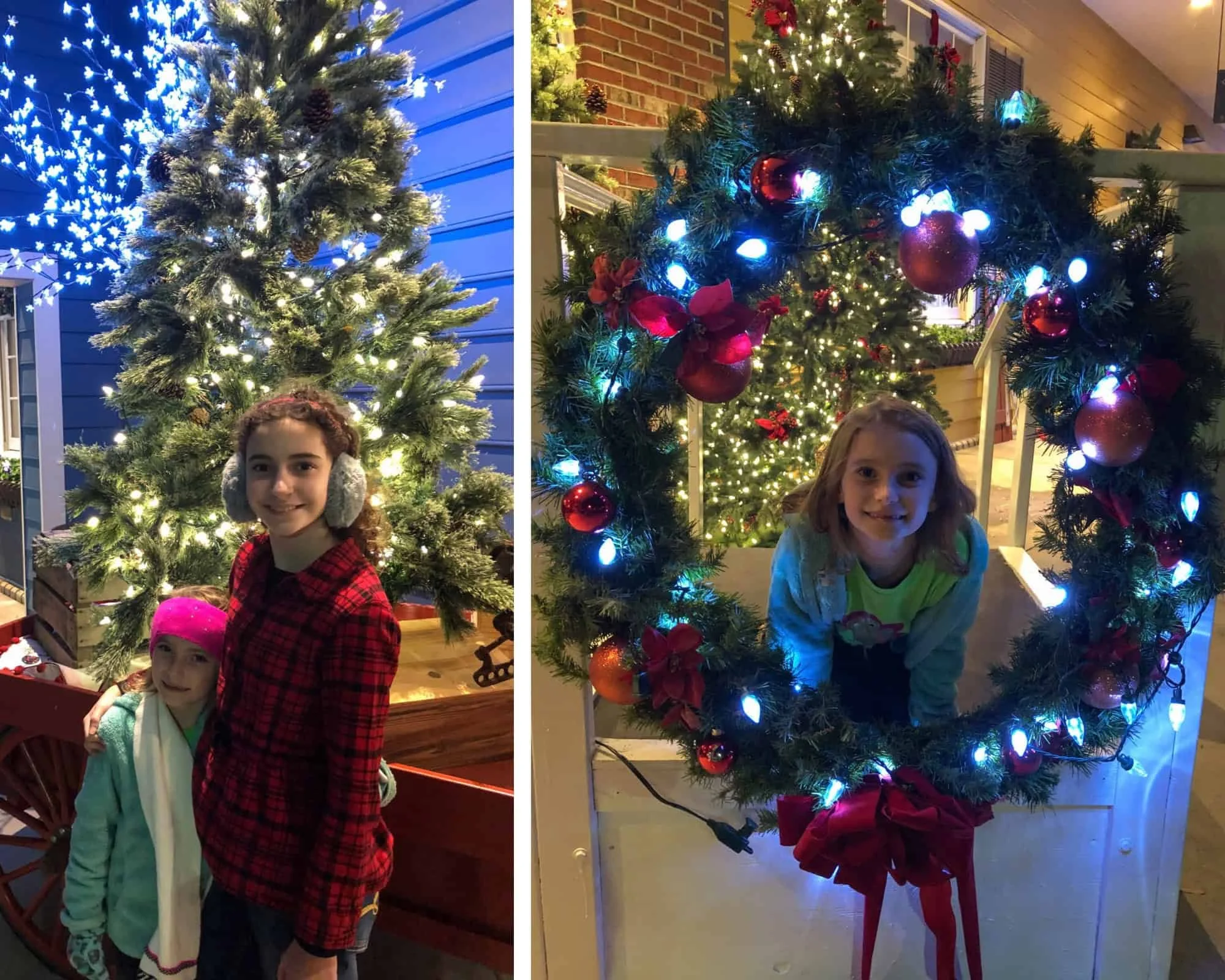 Williamsburg Christmas decorations: two family members by a wagon with a lit tree, and another leaning through a wreath.